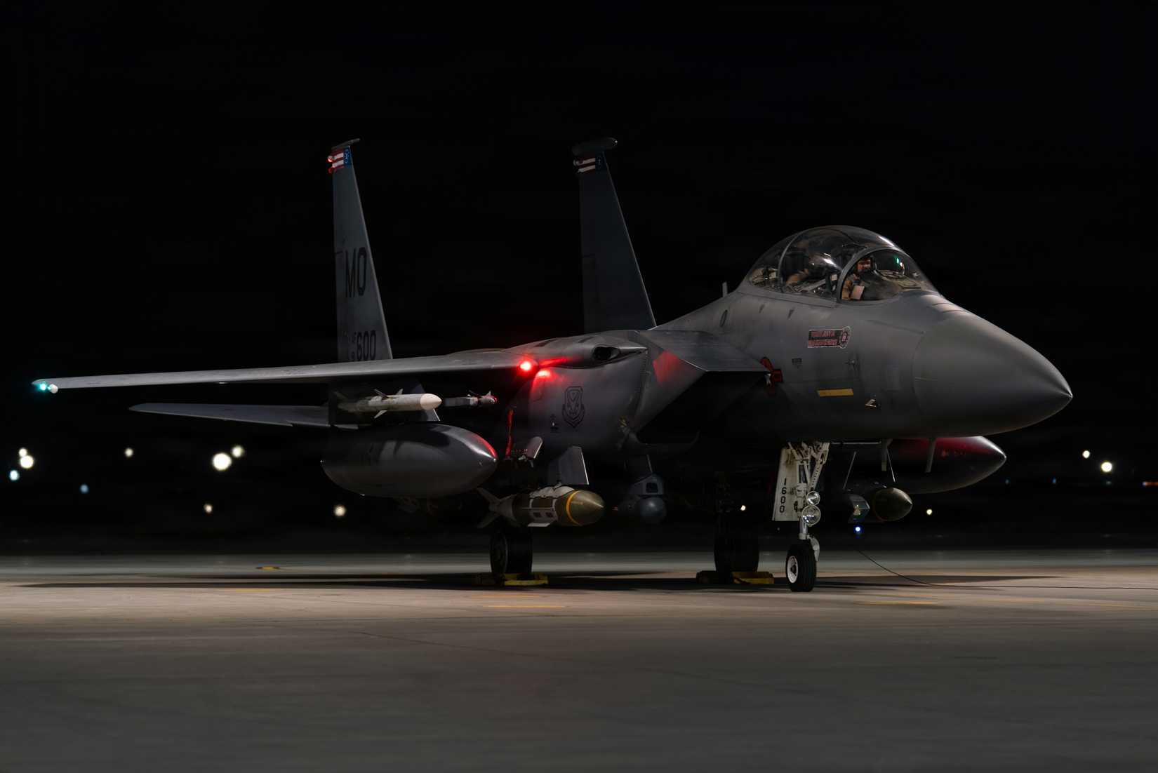 Air Force F-15E Strike Eagle taxis at a base in the U.S. Central Command area of responsibility.