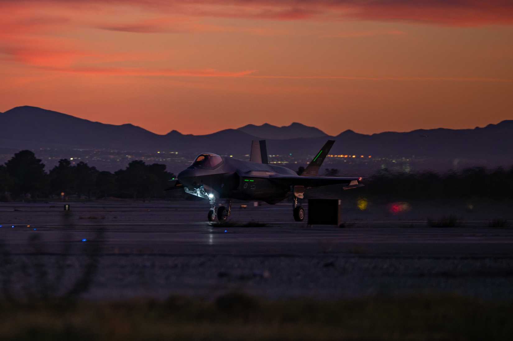 Air Force F-35A Lightning II assigned to the 6th Weapons Squadron prepares to take off at Nellis Air Force Base, Nov. 4, 2025