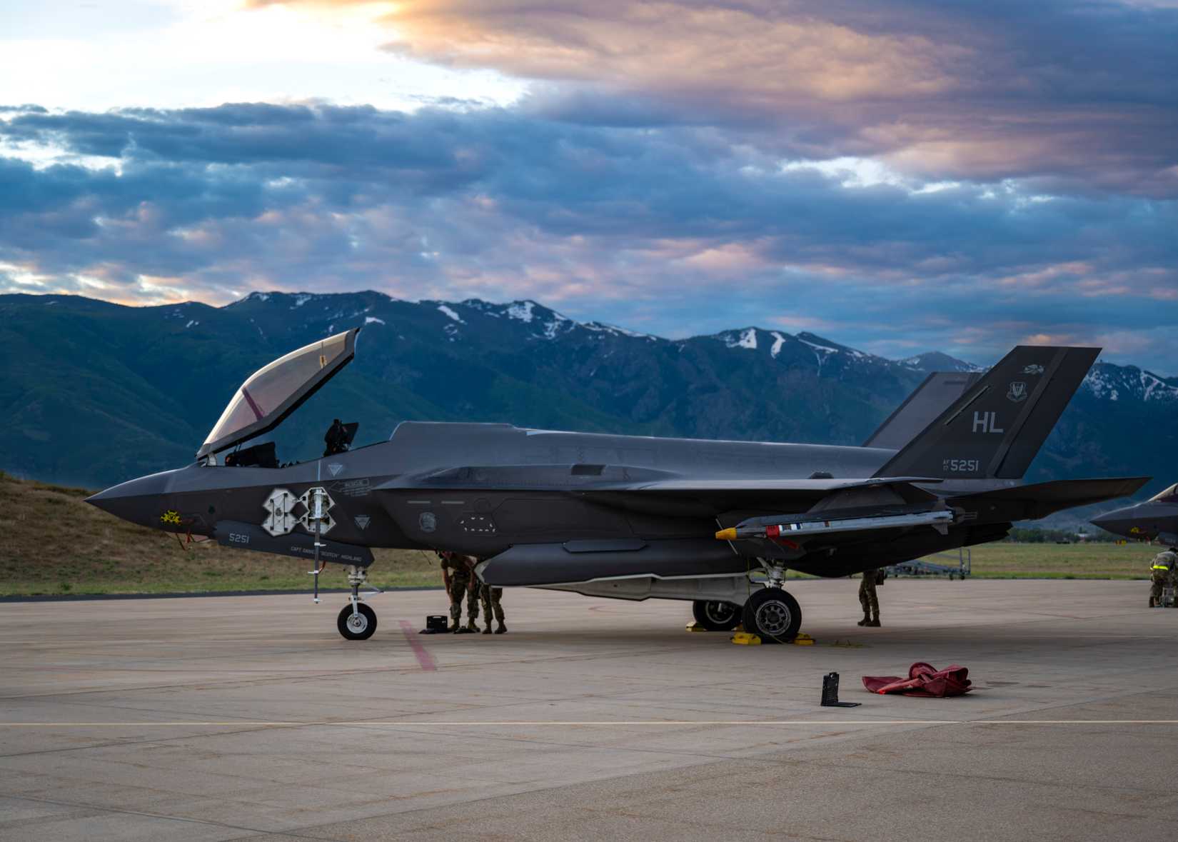 Air Force F-35A Lightning II awaits inspection after being loaded with munitions.