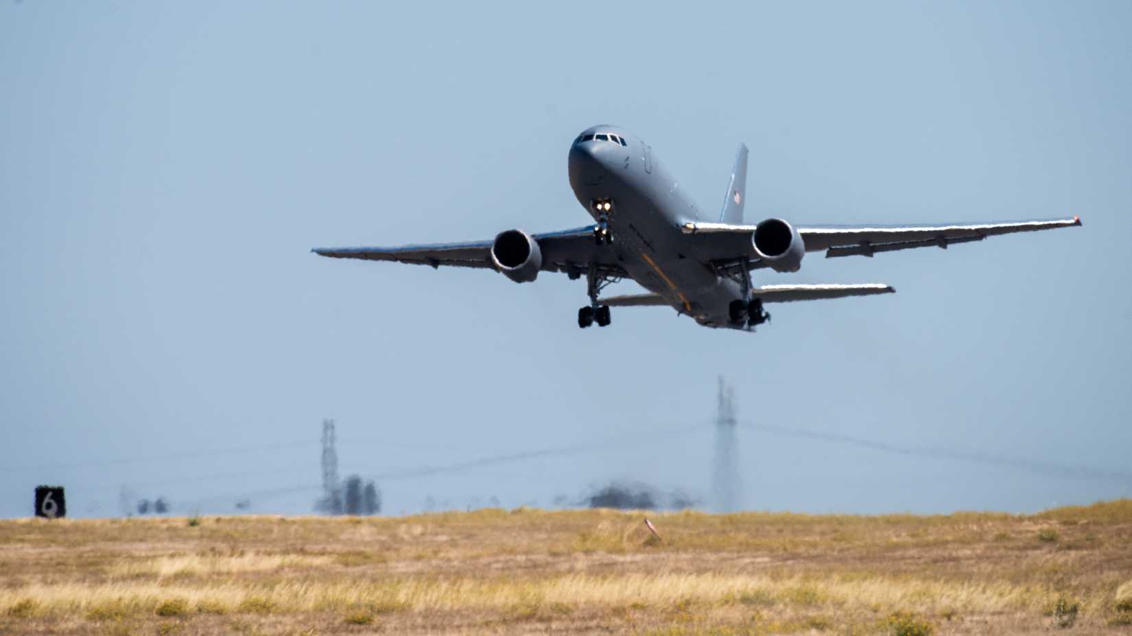 Air Force KC-46A Pegasus assigned to the 6th Air Refueling Squadron takes off from the flight line