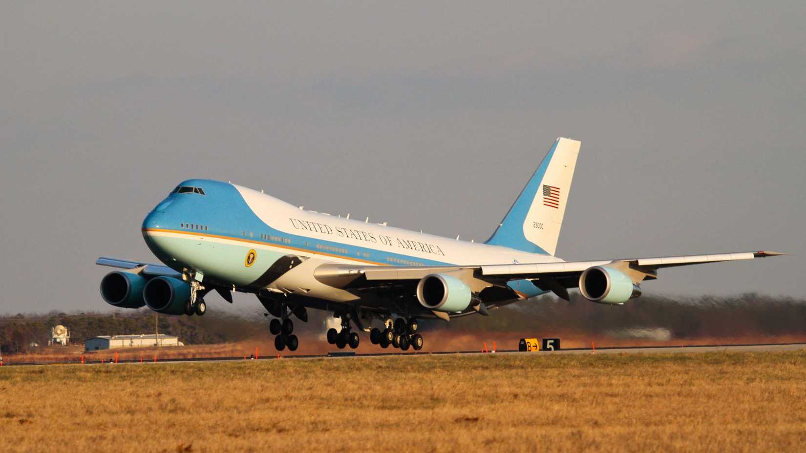 Air Force VC-25 from the 89th Airlift Wing, known as Air Force One when the president of the United States is on board, performs a touch and go.