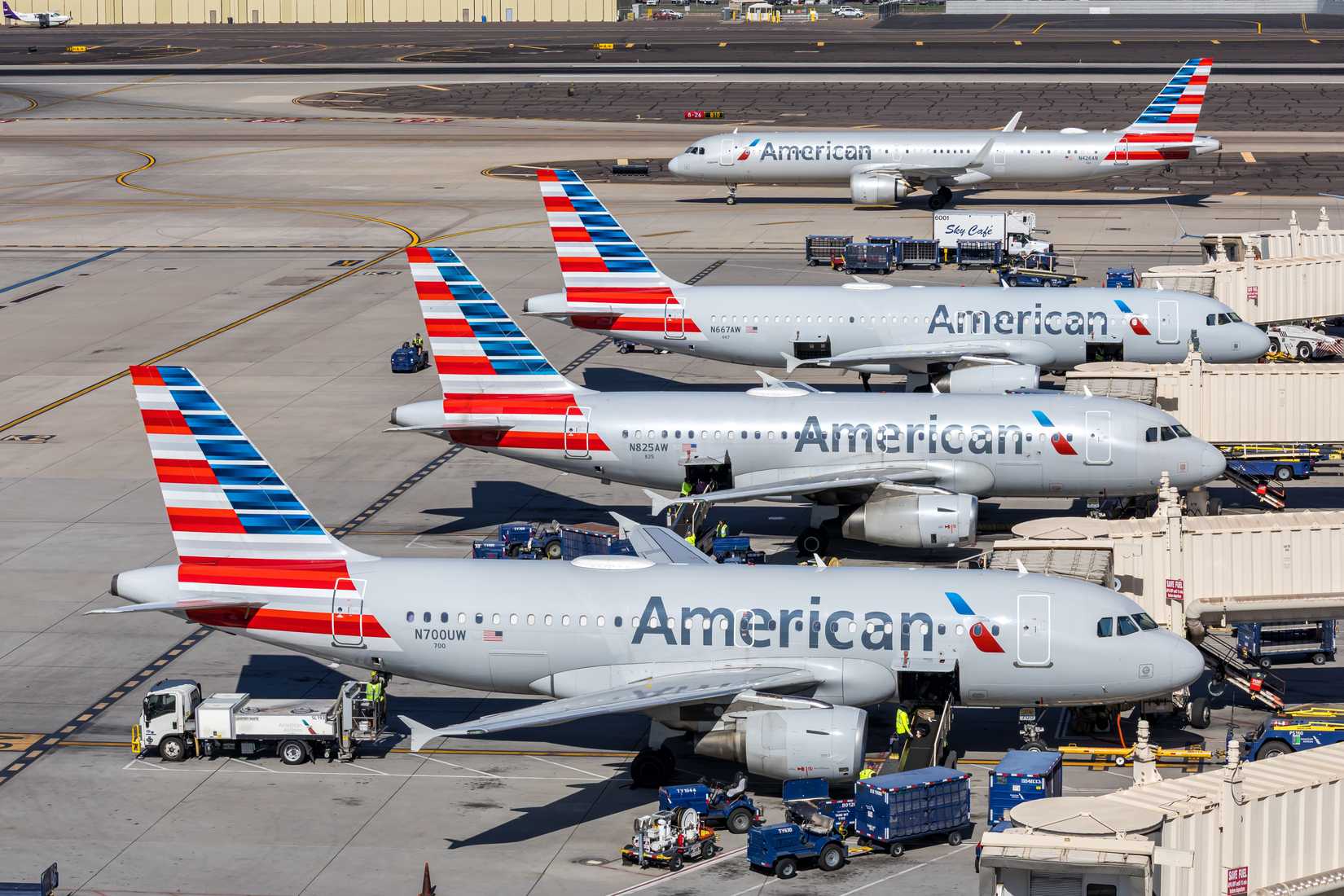 American Airlines Airbus airplanes at Phoenix airport in the United States.