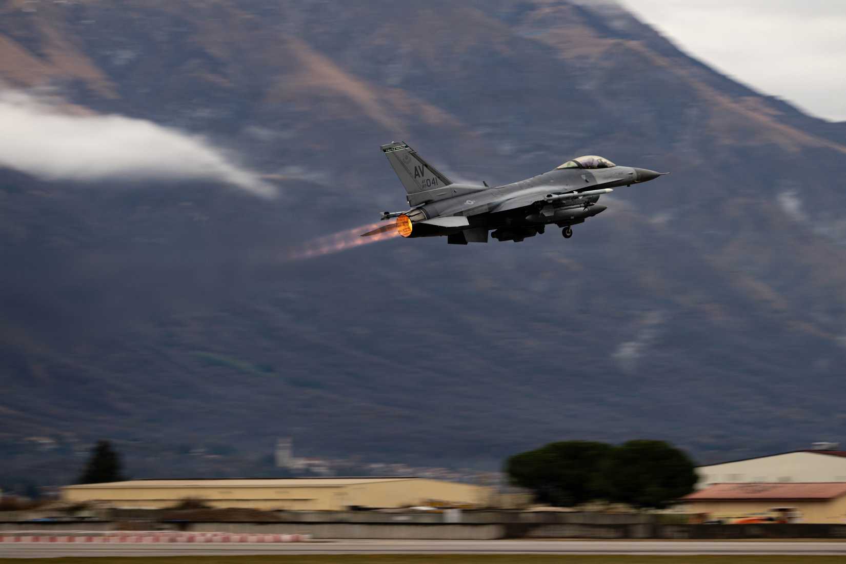 An F-16 taking off from Aviano Air Base, Italy, Dec. 3, 2025.