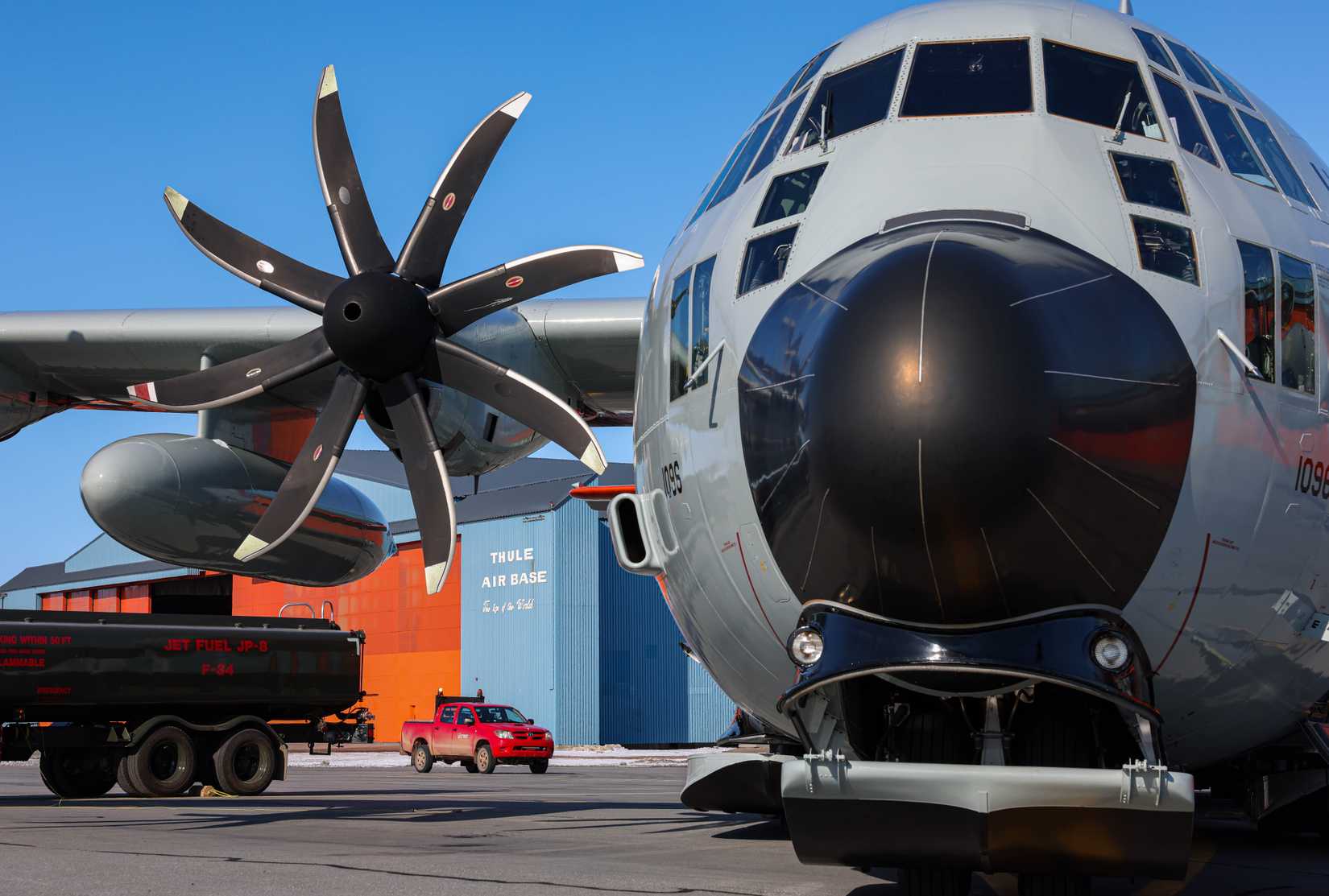 An LC-130 Hercules aircraft from the New York Air National Guard sits at Pituffik Space Base, Greenland, May 12, 2023.