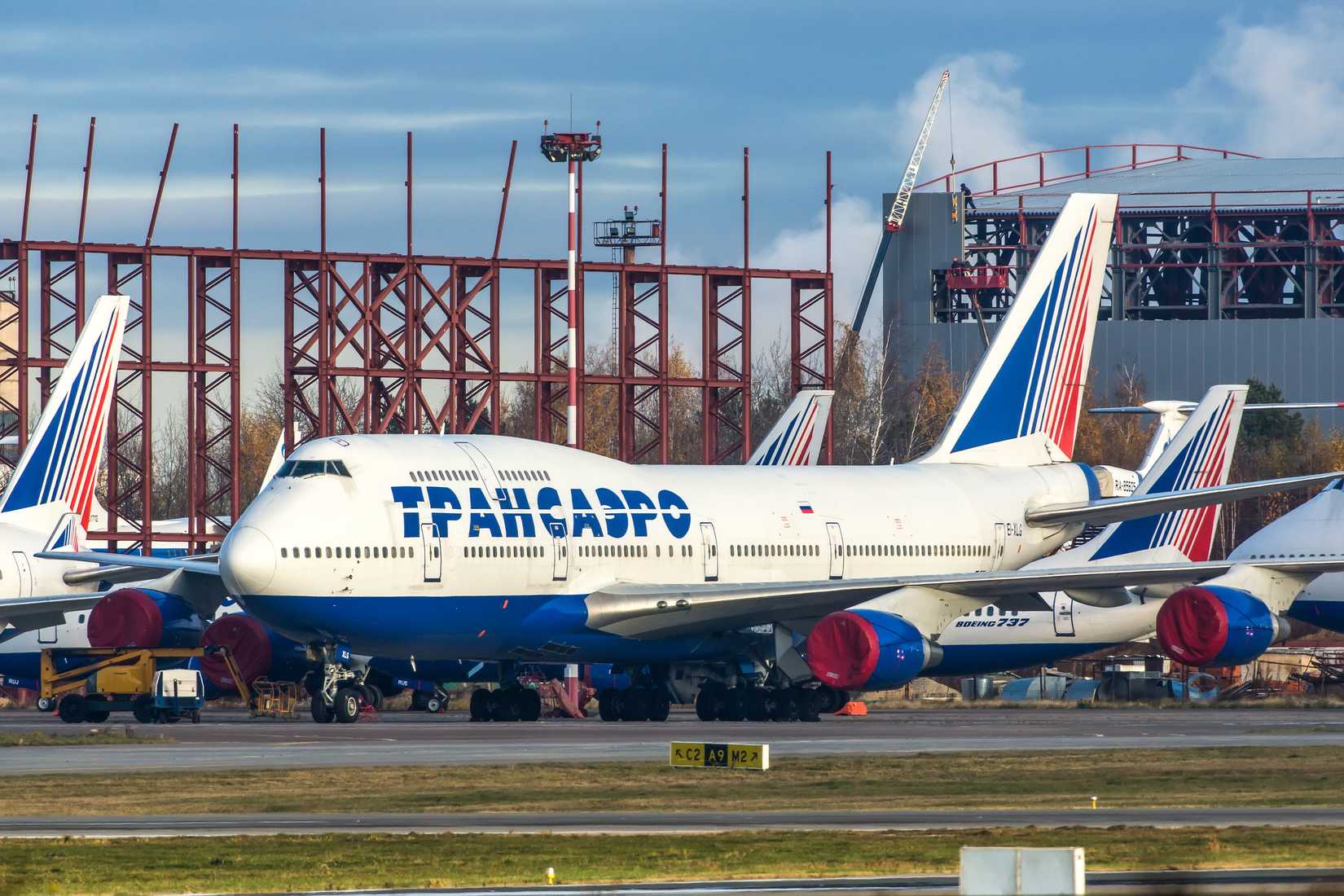 Arrested Transaero airplanes standing at Vnukovo international airport.