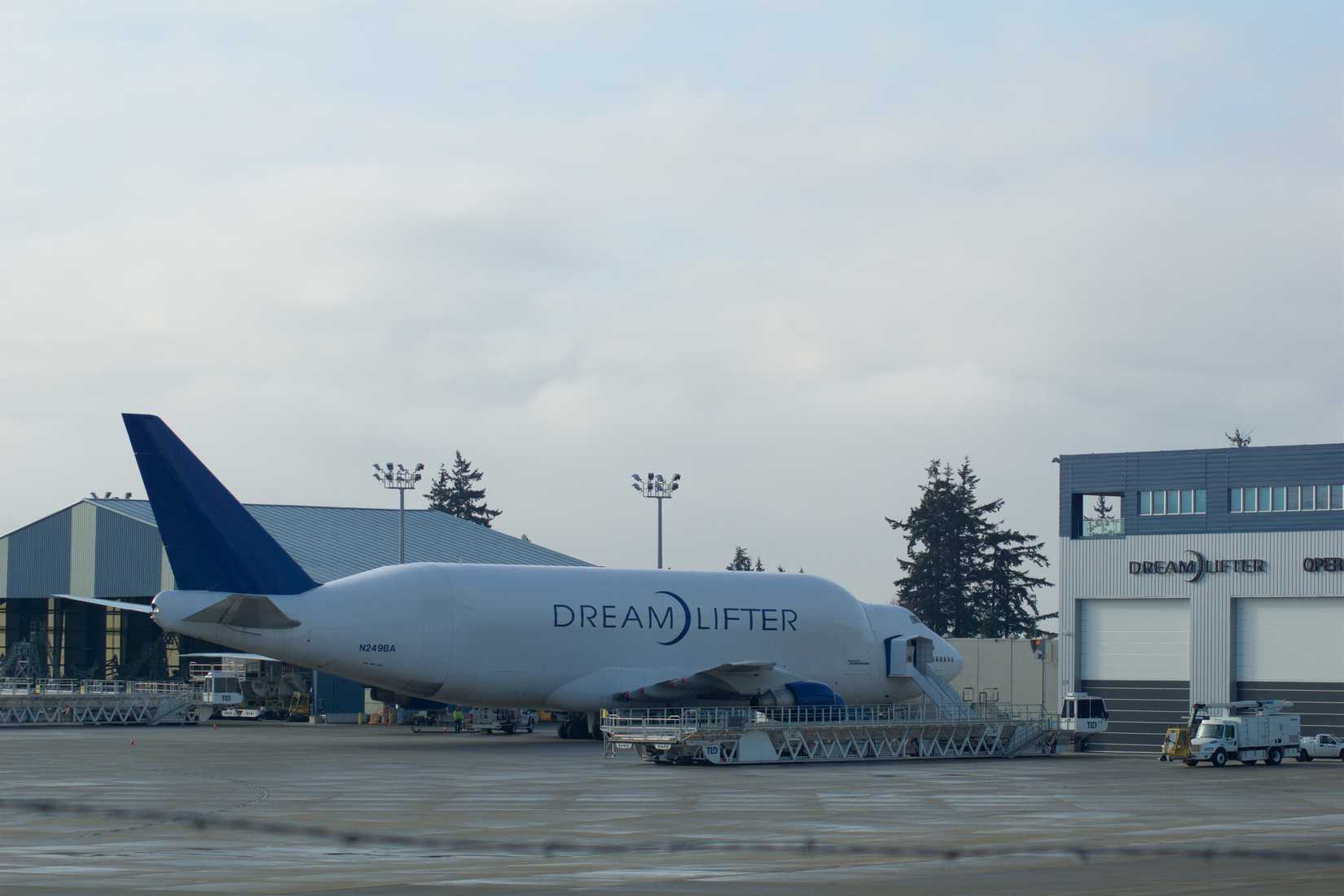 Boeing 747 Dreamlifter parking at Snohomish County Airport or Paine Field. The Dreamlifter is used exclusively to transport 787 Dreamliner parts.