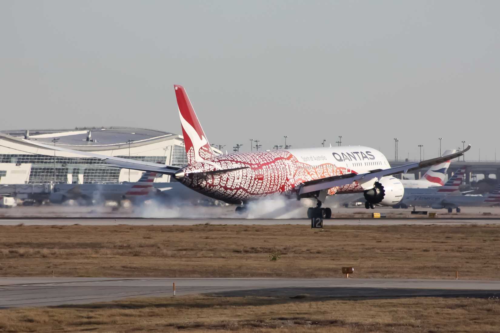Boeing 787-9 Dreamliner of Qantas arriving at Dallas Fort Worth International Airport.