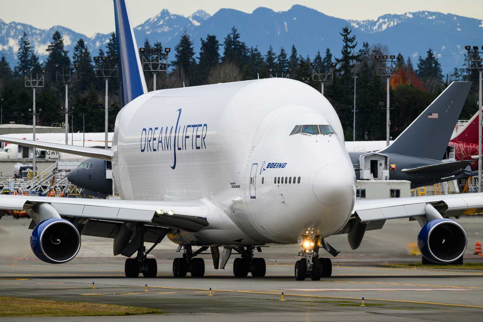 Boeing Dreamlifter 747-400LCF freighter taxiing at Everett factory,