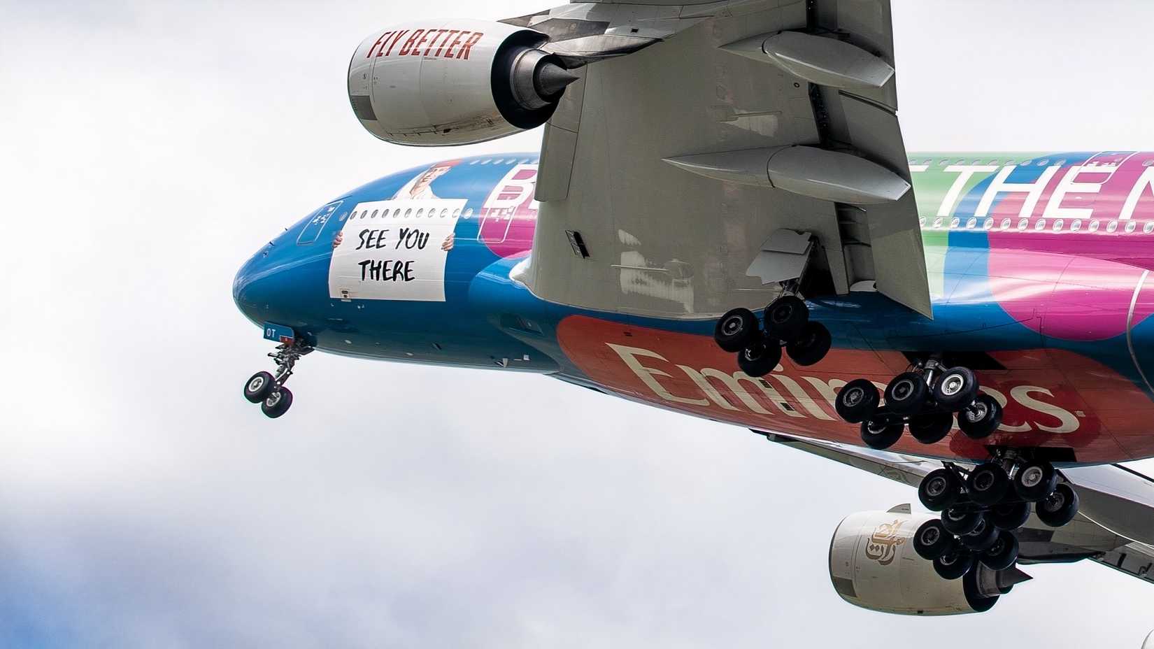 Emirates Airbus A380 special livery final approach Heathrow