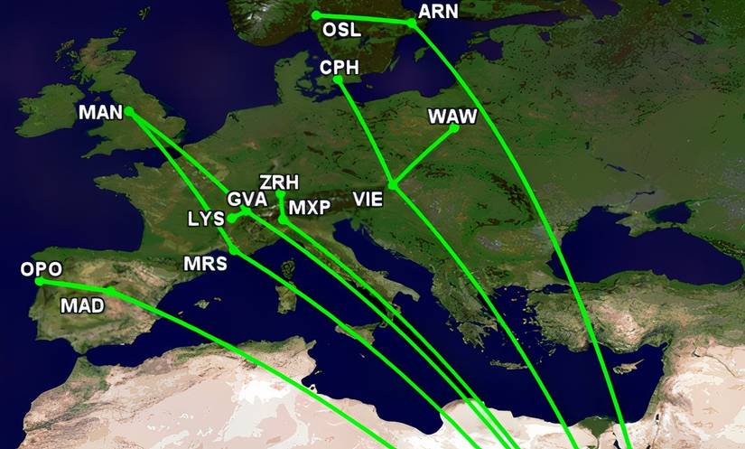 ET's 1-stop European routes in July 2026