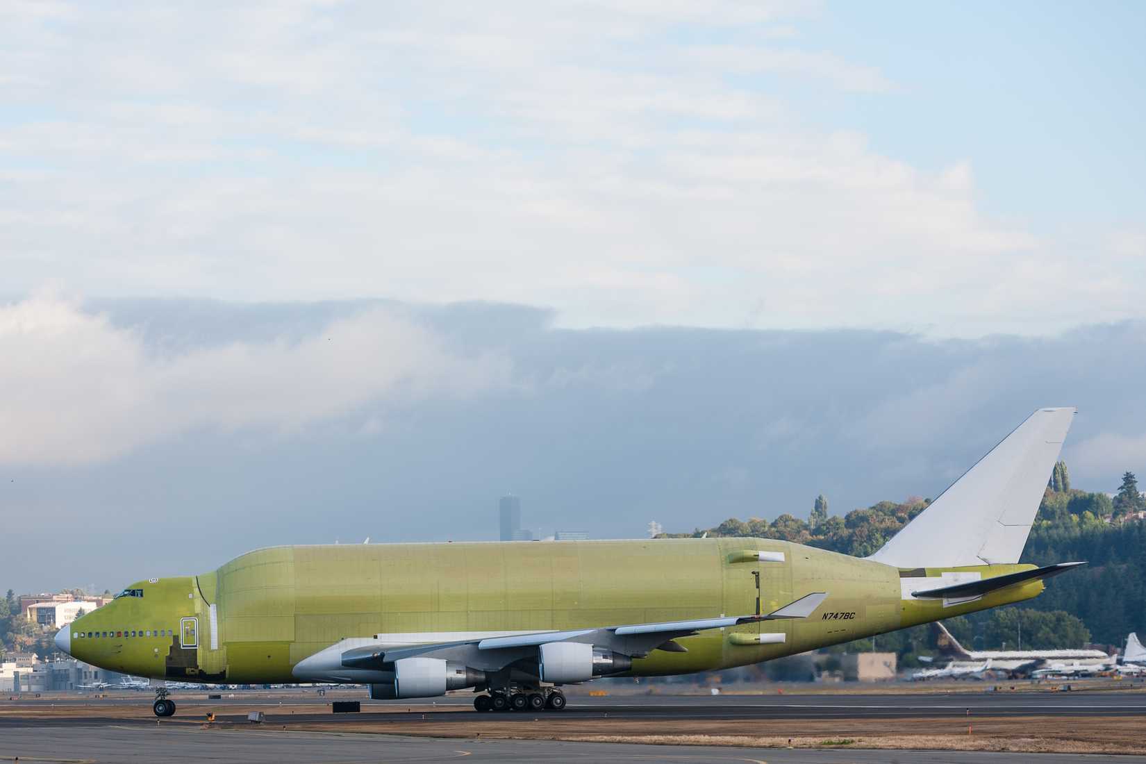 First specially built DreamLifter, a modified Boeing 747-400, taxis at Boeing Field (BFI) after flight testing.