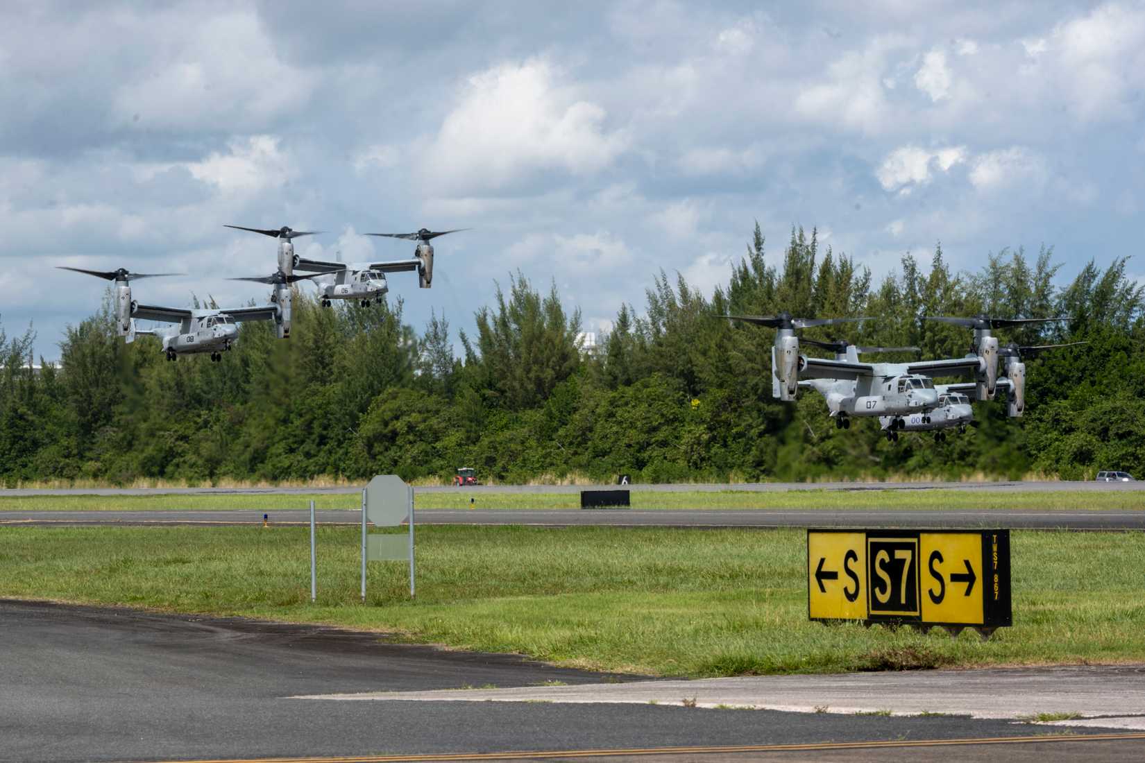Four MV-22B Ospreys depart the 156th Wing at Muñiz Air National Guard Base, Puerto Rico.