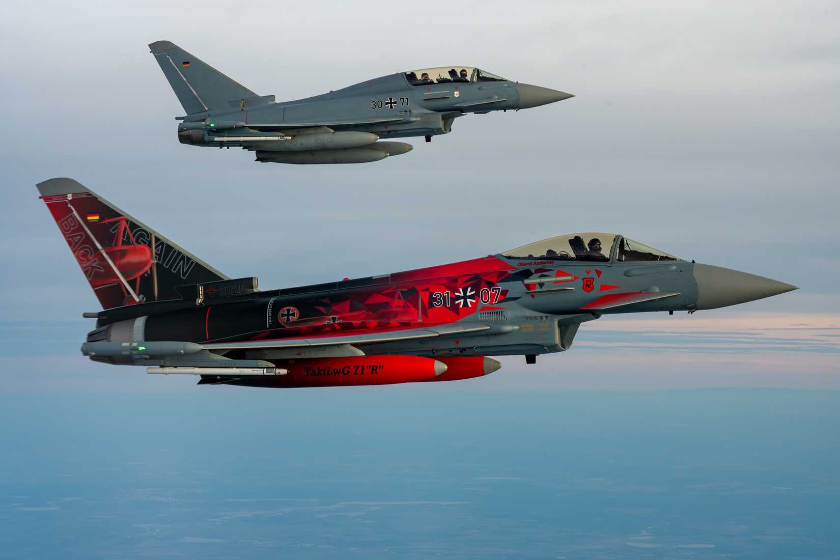 German Air Force Eurofighter Typhoons during a Bomber Task Force Europe mission.