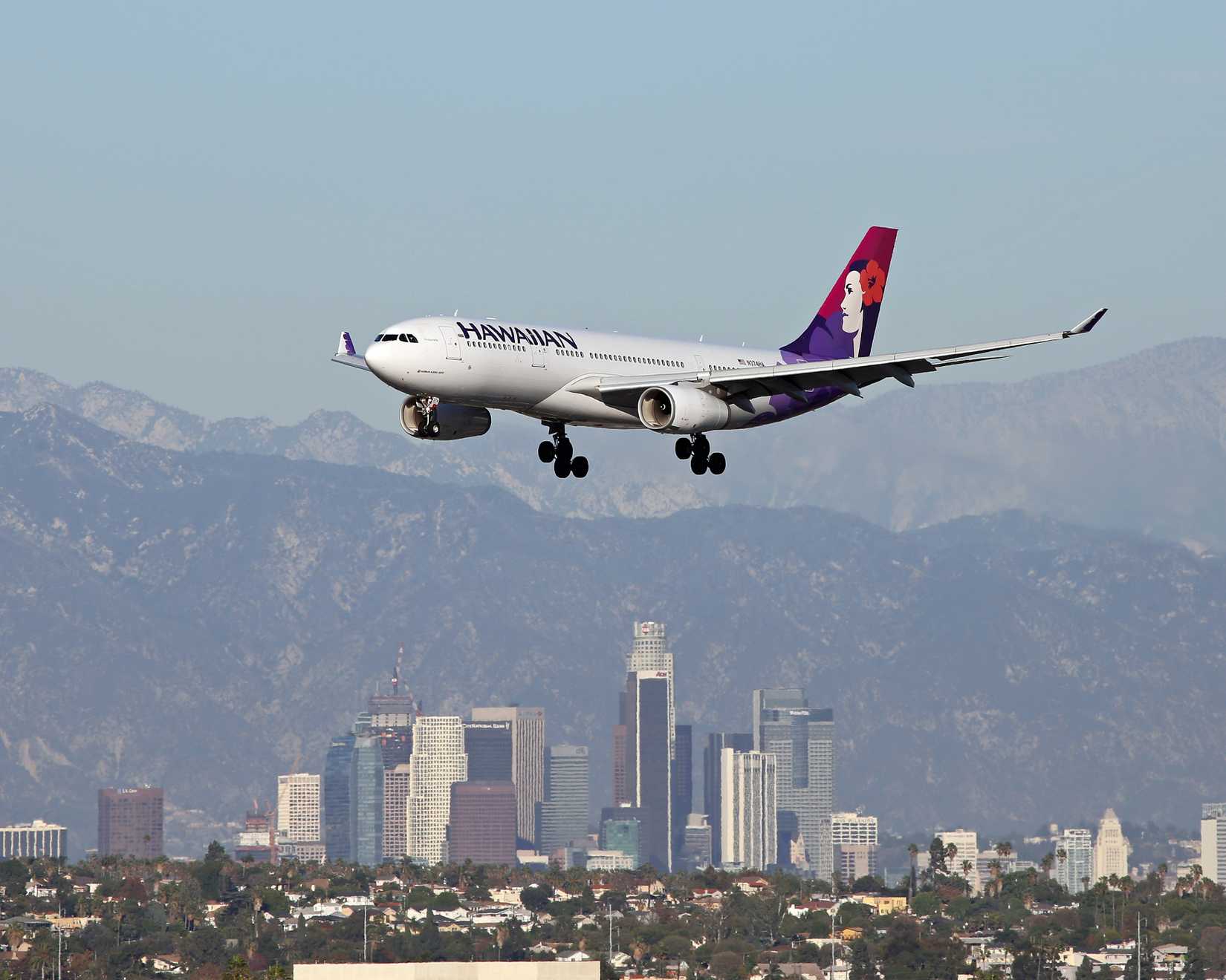 Hawaiian Airlines Airbus A330-243 approaching Los Angeles International Airport (LAX).