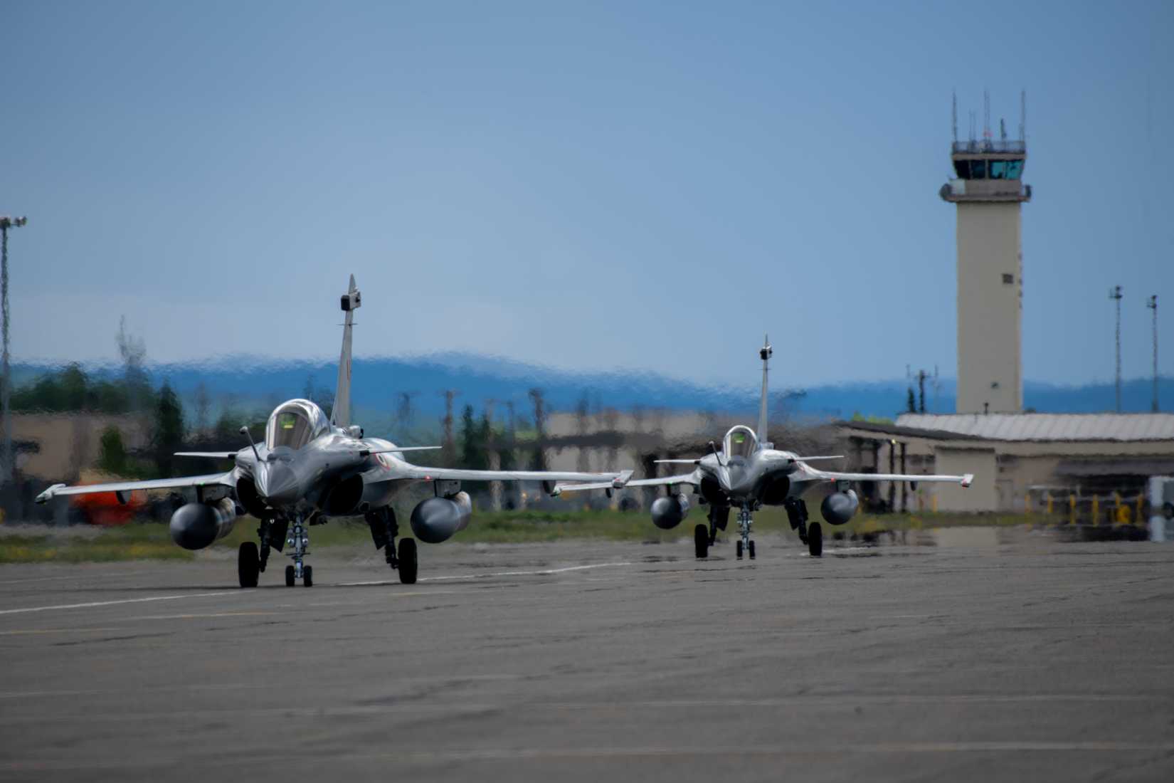 Indian Air Force Rafale aircraft taxi after landing during Red Flag-Alaska 24-2 at Eielson Air Force Base, Alaska, June 6, 2024.