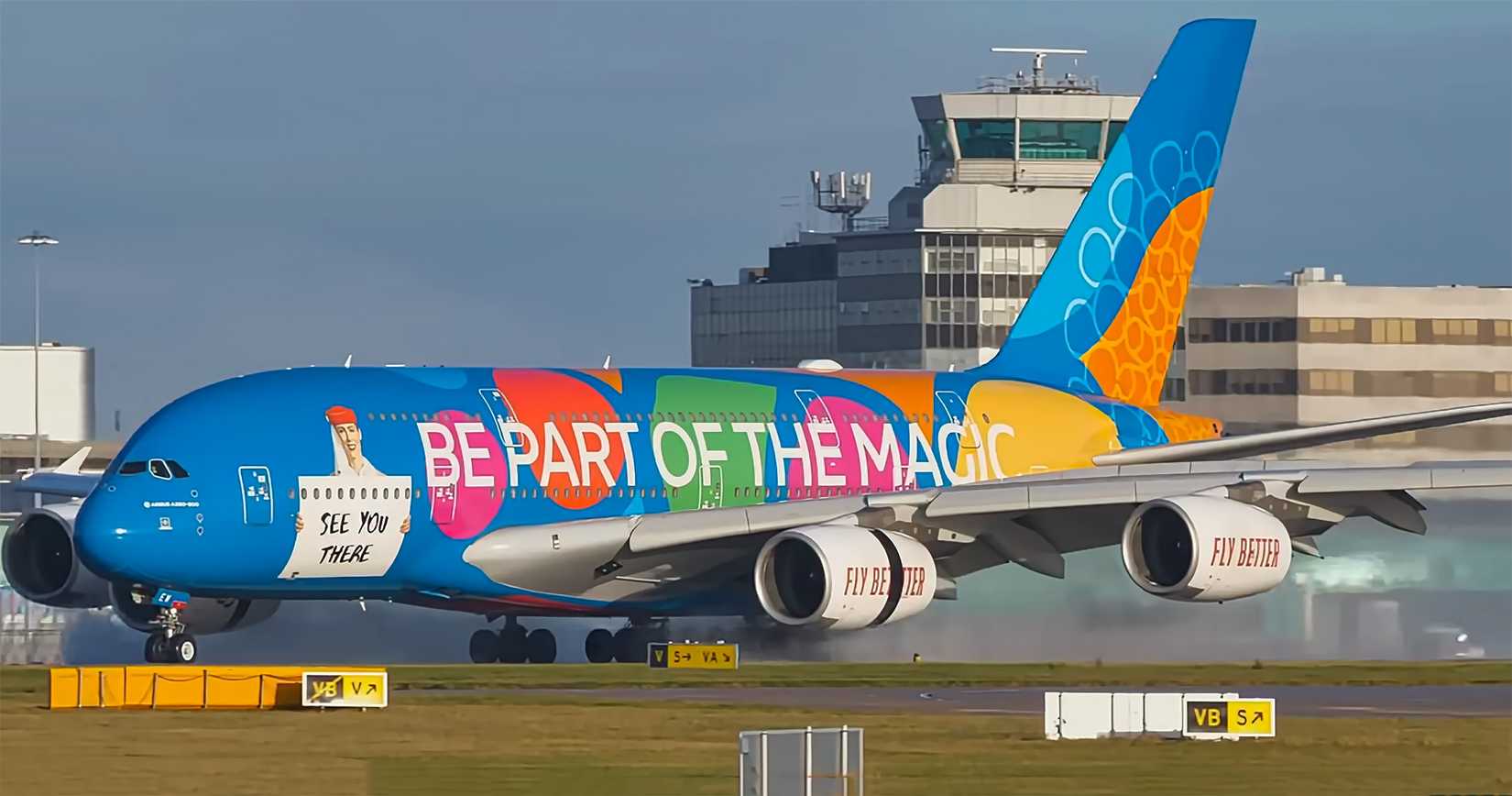 irbus A380-861 aircraft operated by Emirates airline landing at Manchester Airport UK 15-12-2025.