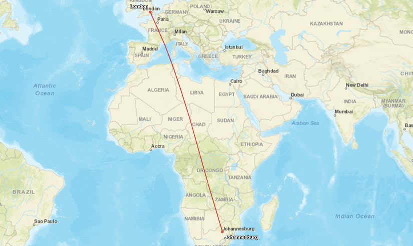 Johannesburg London Flight Map