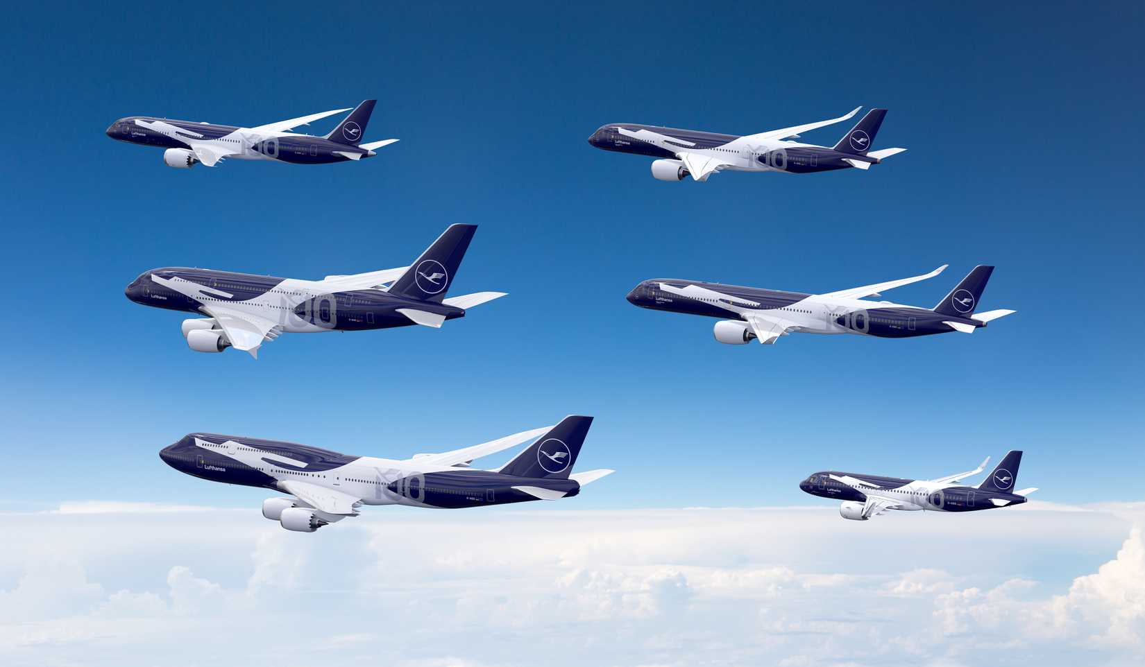 A digital composite image displays six Lufthansa aircraft of varying types in flight against a bright blue sky with a low layer of white clouds. Each plane features a special commemorative livery with a dark navy blue front and rear fuselage, a white mid-section, and a stylized "100" graphic on the side. The fleet includes models such as the Boeing 747-8, Airbus A380, and Boeing 787, all bearing the Lufthansa crane logo on their navy blue tail fins.