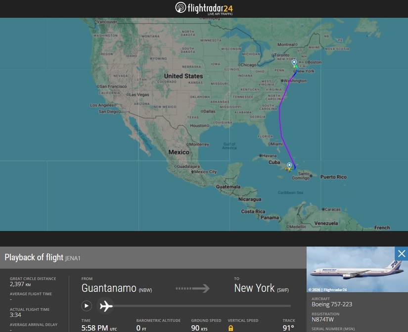 N874TW Flight Path With Maduro In Custody
