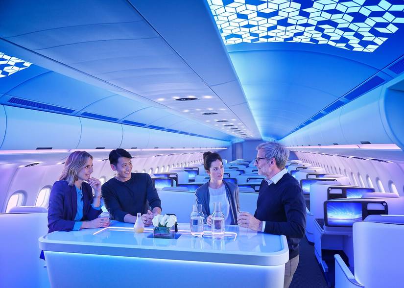 Passengers in the bar with welcome effect in A330neo Airspace cabin_A330_Hero_05b