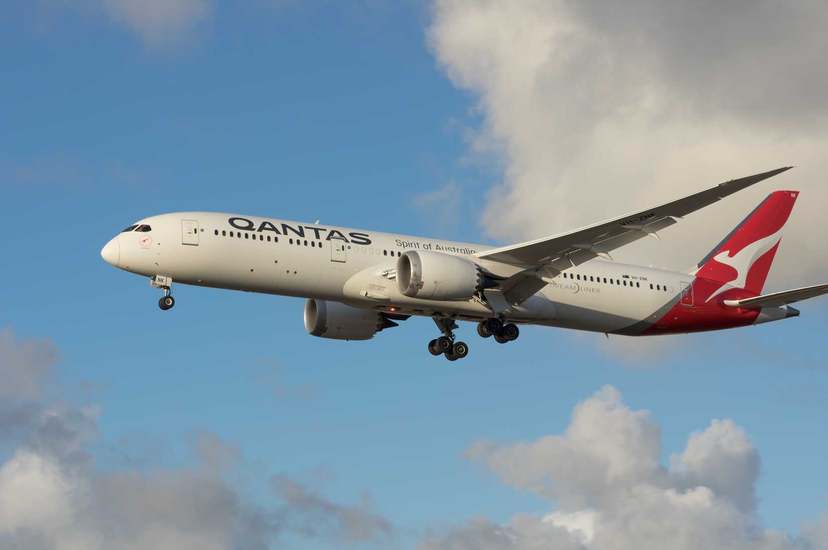 Qantas Boeing 787-9 Dreamliner with registration VH-ZNK arriving at LAX, Los Angeles International Airport.