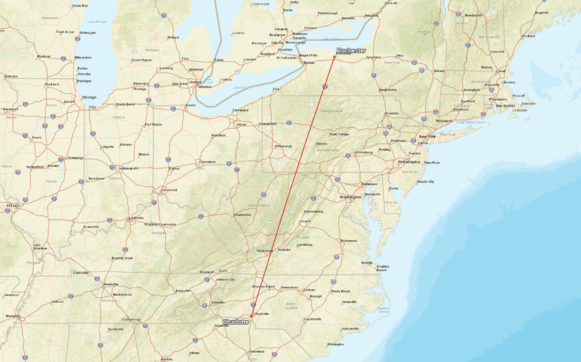Rochester Charlotte Flight Map