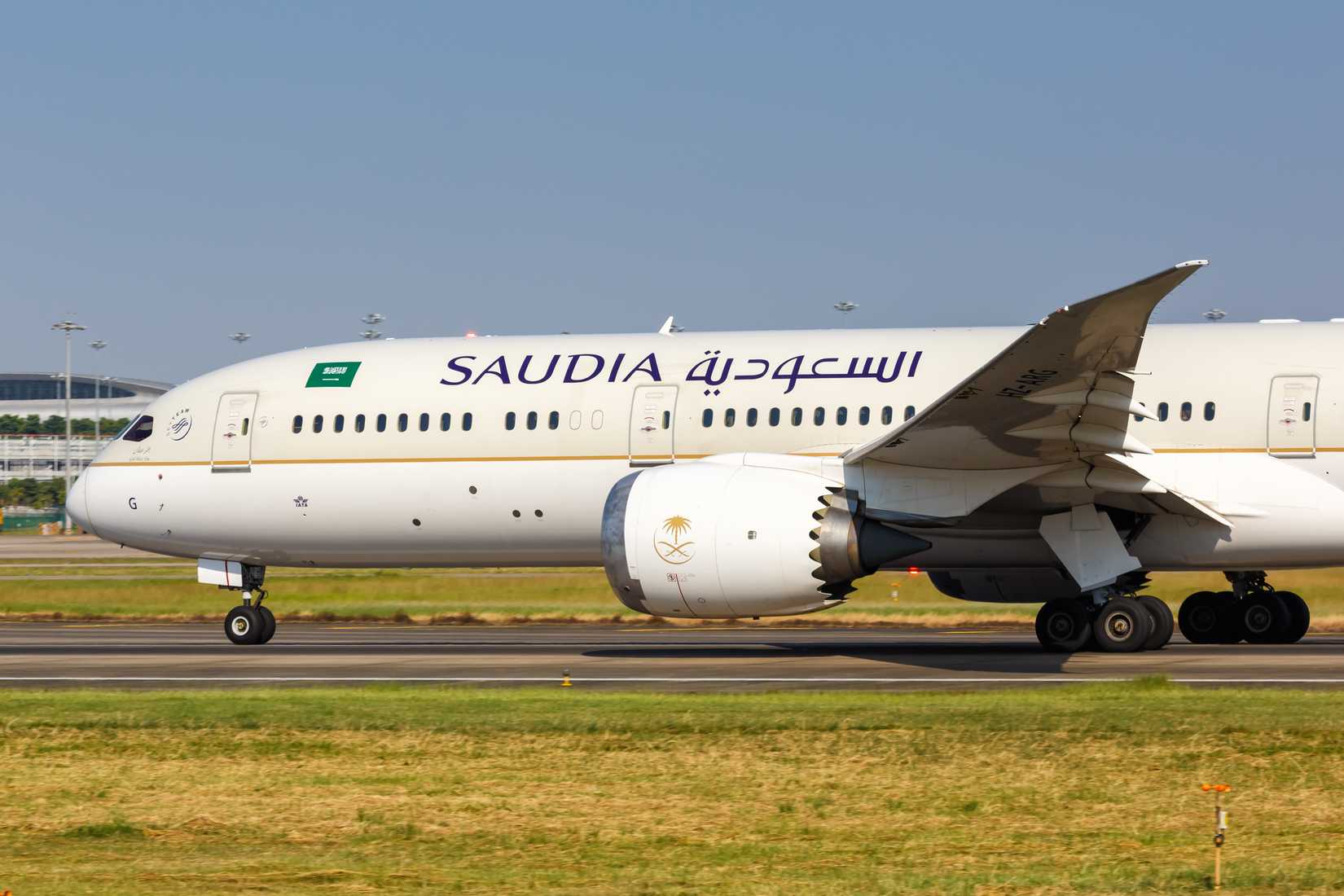 Saudia Saudi Arabian Airlines Boeing 787-9 Dreamliner airplane at Guangzhou airport (CAN) in China.