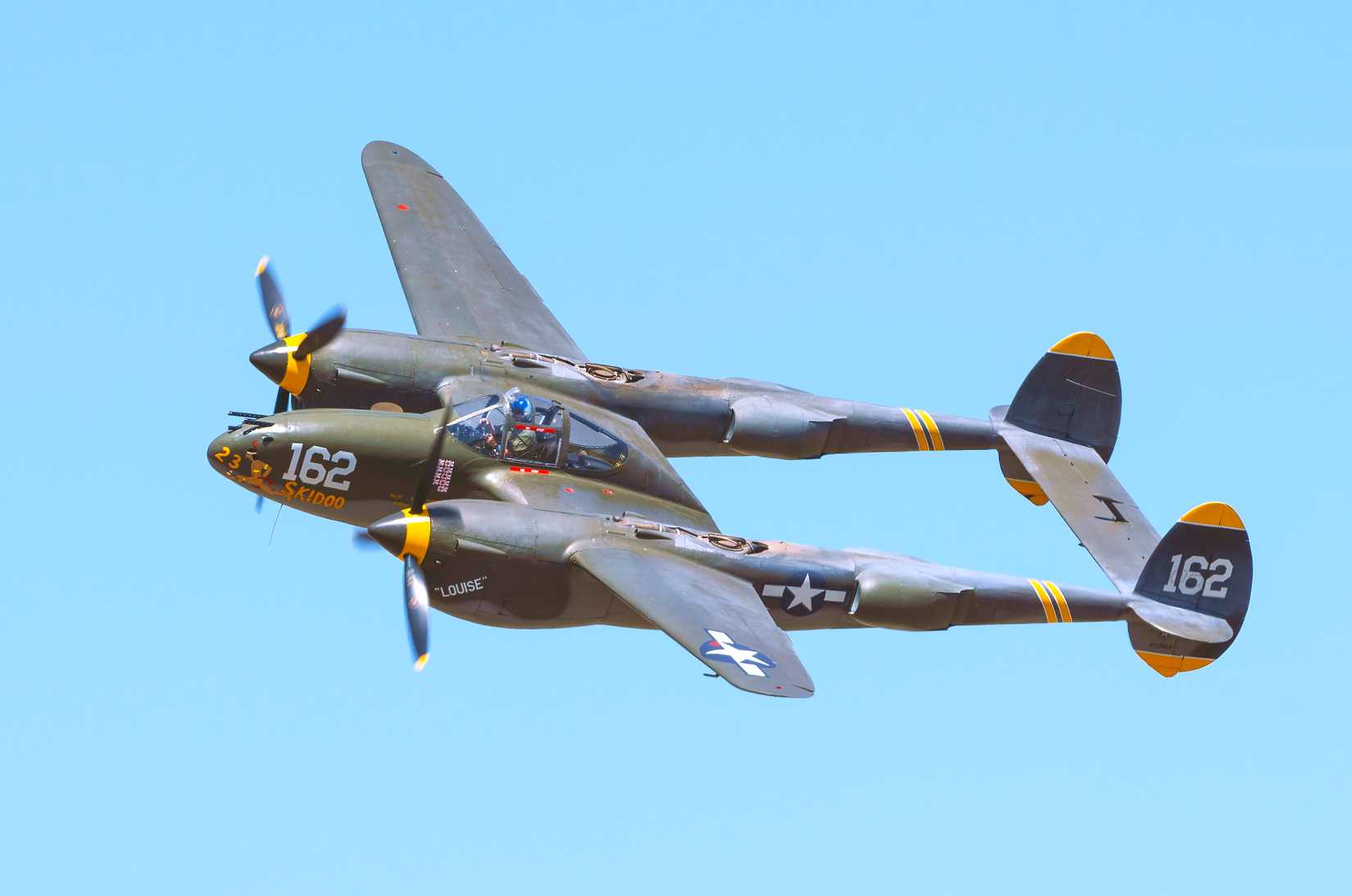  Lockheed P-38J Lightning flyby during a flight demonstration at Camarillo Airport, CA