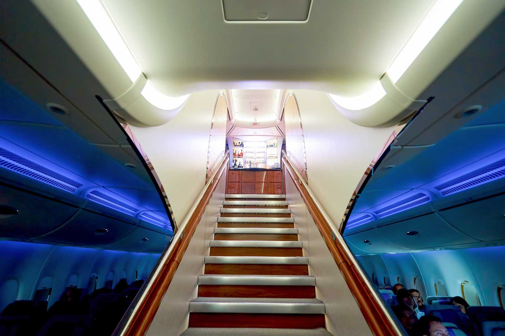  inside of Emirates Airbus A380. The Airbus A380 is a double-deck, wide-body, four-engine jet airliner manufactured by Airbus.