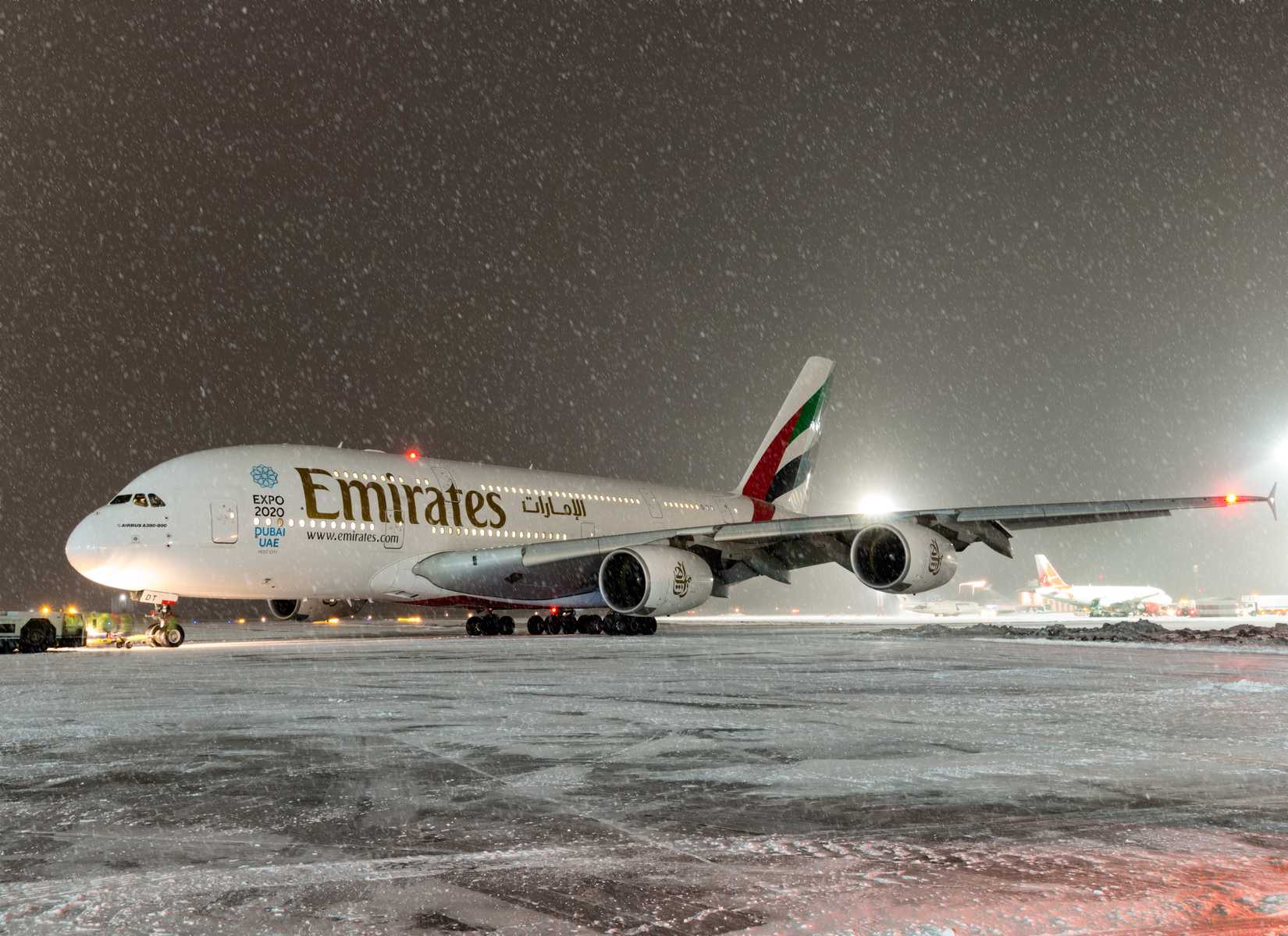 Emirates A380 In The Snow At Night In Moscow