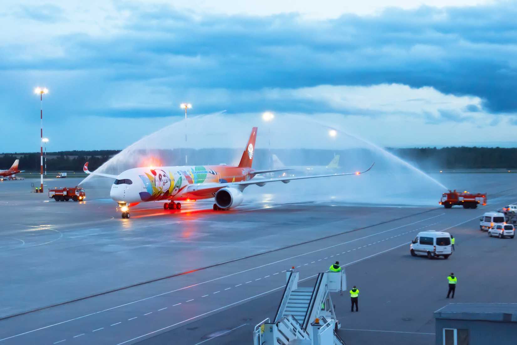 Sichuan airlines Airbus A350 commercial airplane, Airport Pulkovo, Russia Saint-Petersburg.