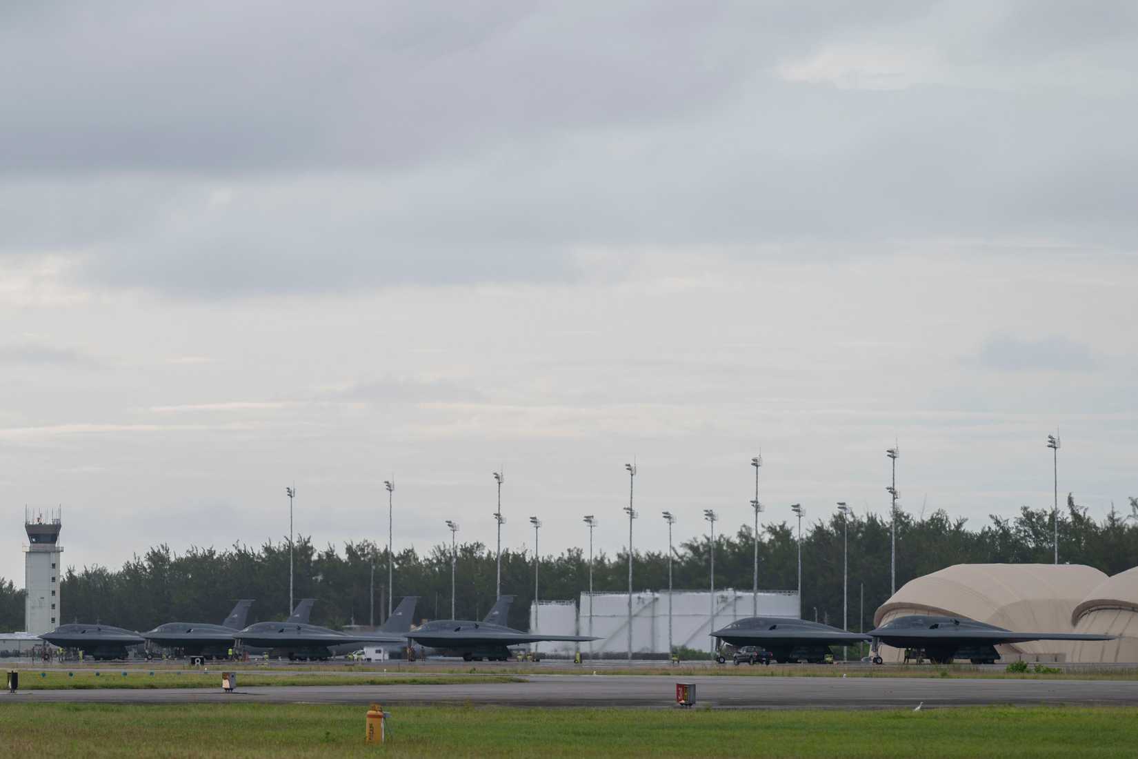 Six U.S. Air Force B-2 Spirit stealth bombers sit on the flightline during a combat deployment at Diego Garcia, British Indian Ocean Territory, April 13, 2025.