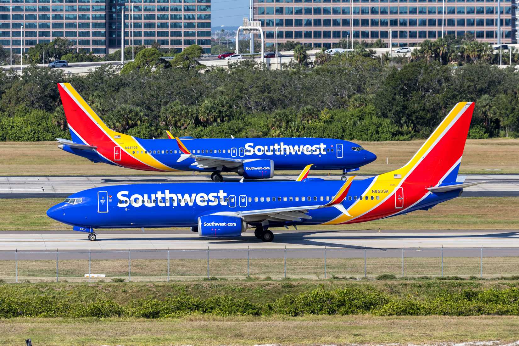 Southwest Airlines Boeing 737 airplanes at Tampa airport in the United States.