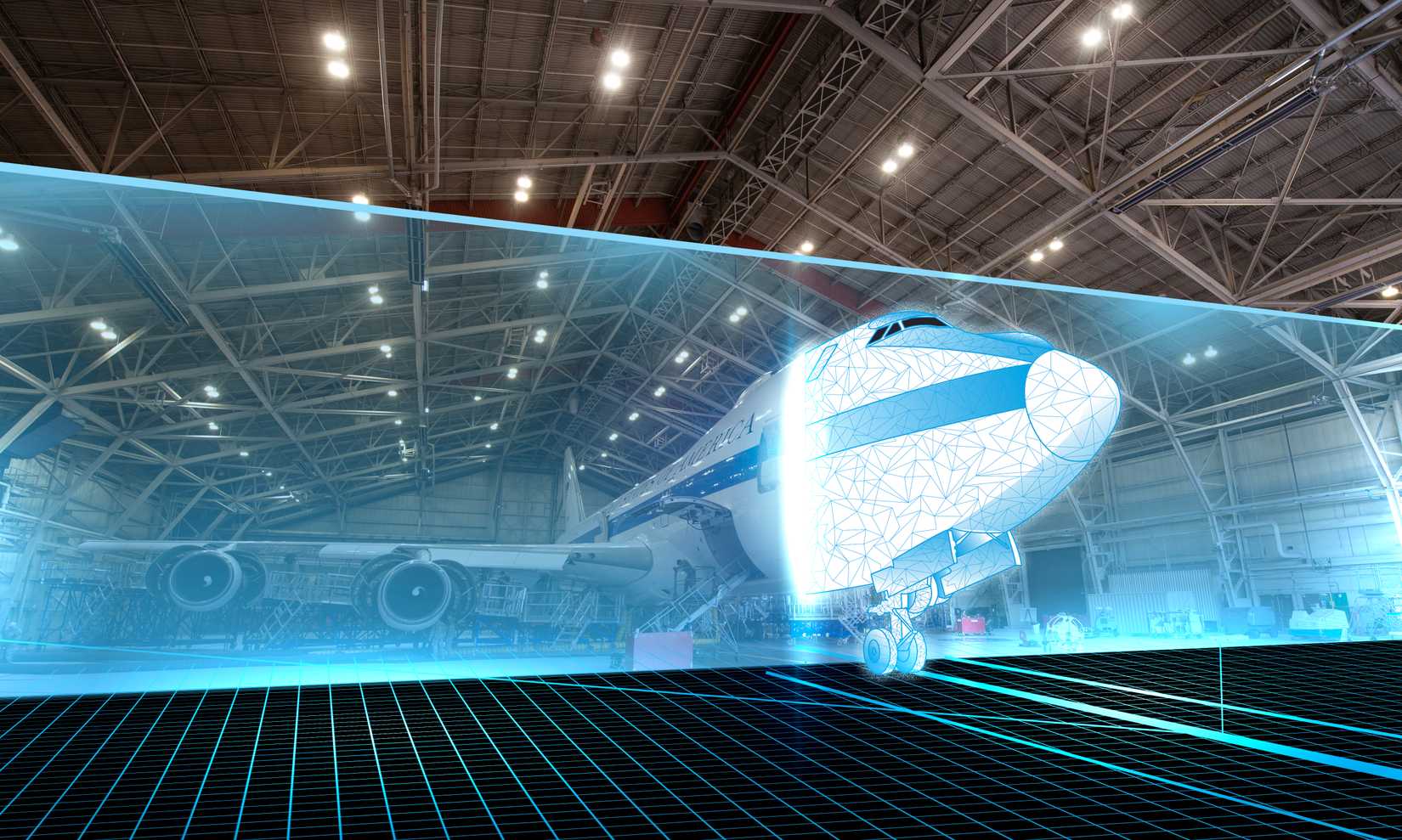 This graphic depicts a hangared E-4B Nightwatch aircraft being scanned and digitally rendered.