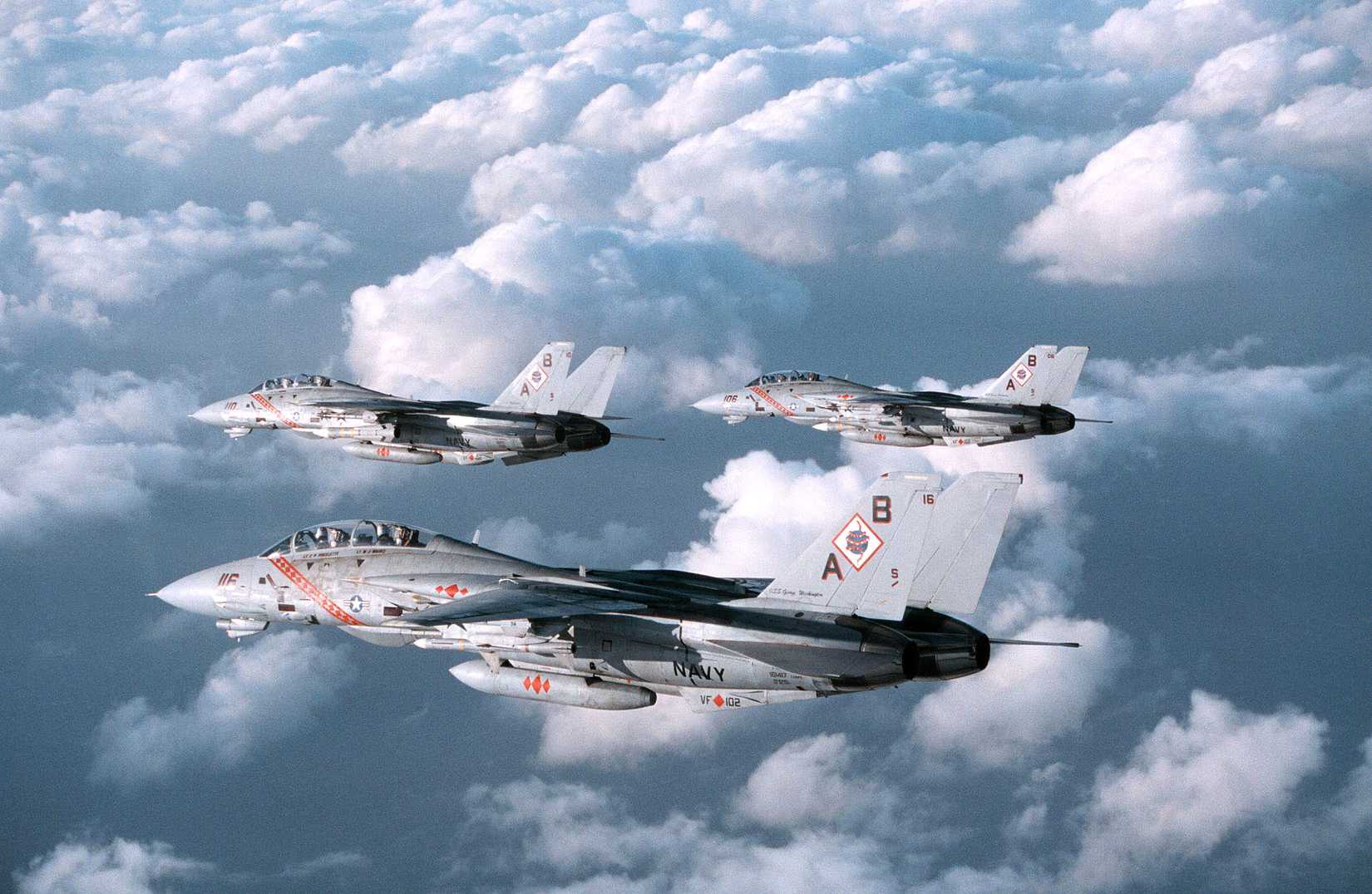 Three US Navy F-14B Tomcats from Fighter Squadron 102 patrol the sky over the Persian Gulf on Feb. 11, 1998.