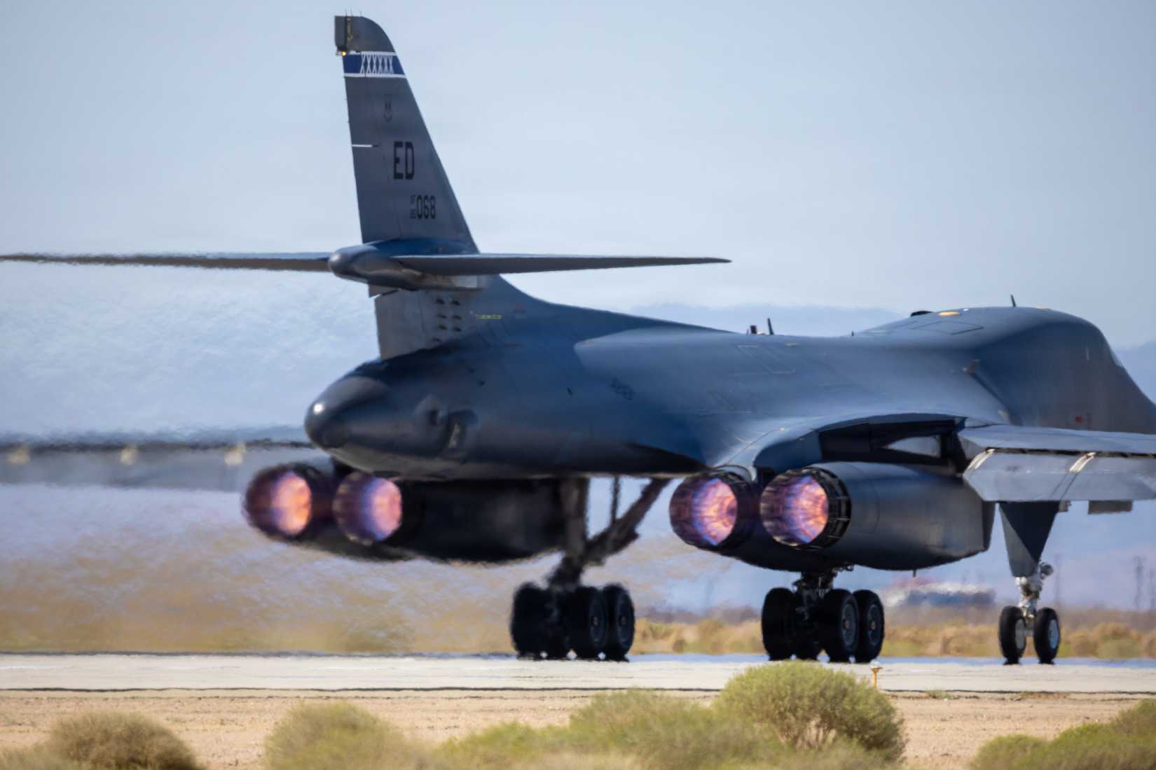 A B-1B Lancer departs for a test mission at Edwards Air Force Base, California on September 11, 2025.