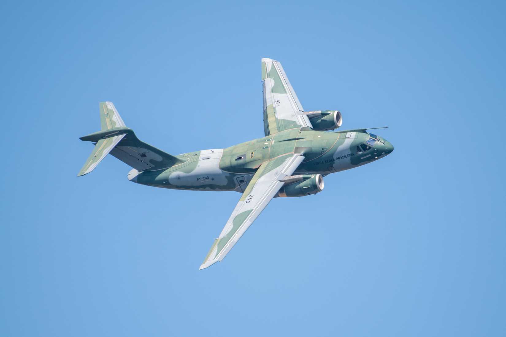 A Brazilian Air Force C-390 Millennium conducts an aerial demonstration during the Royal International Air Tattoo (RIAT), 2024.