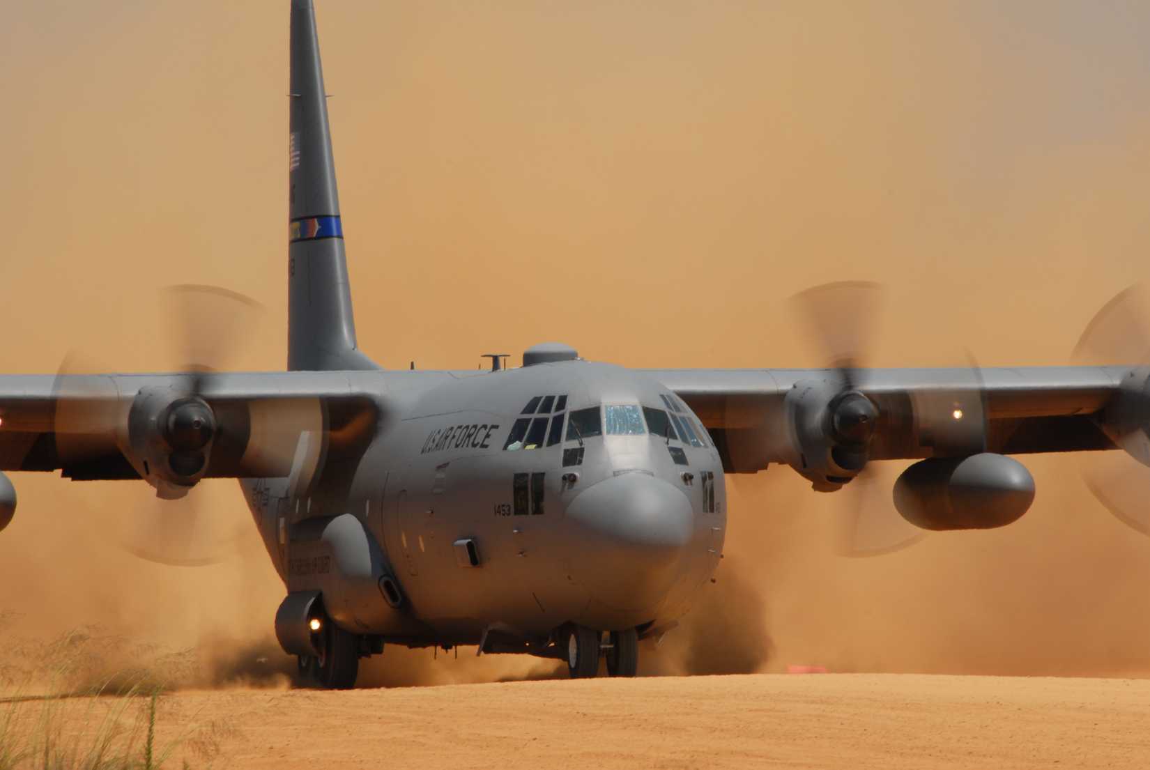 A C-130 Hercules aircraft assigned to the 145th Airlift Wing, North Carolina Air National Guard performs a tactical landing.