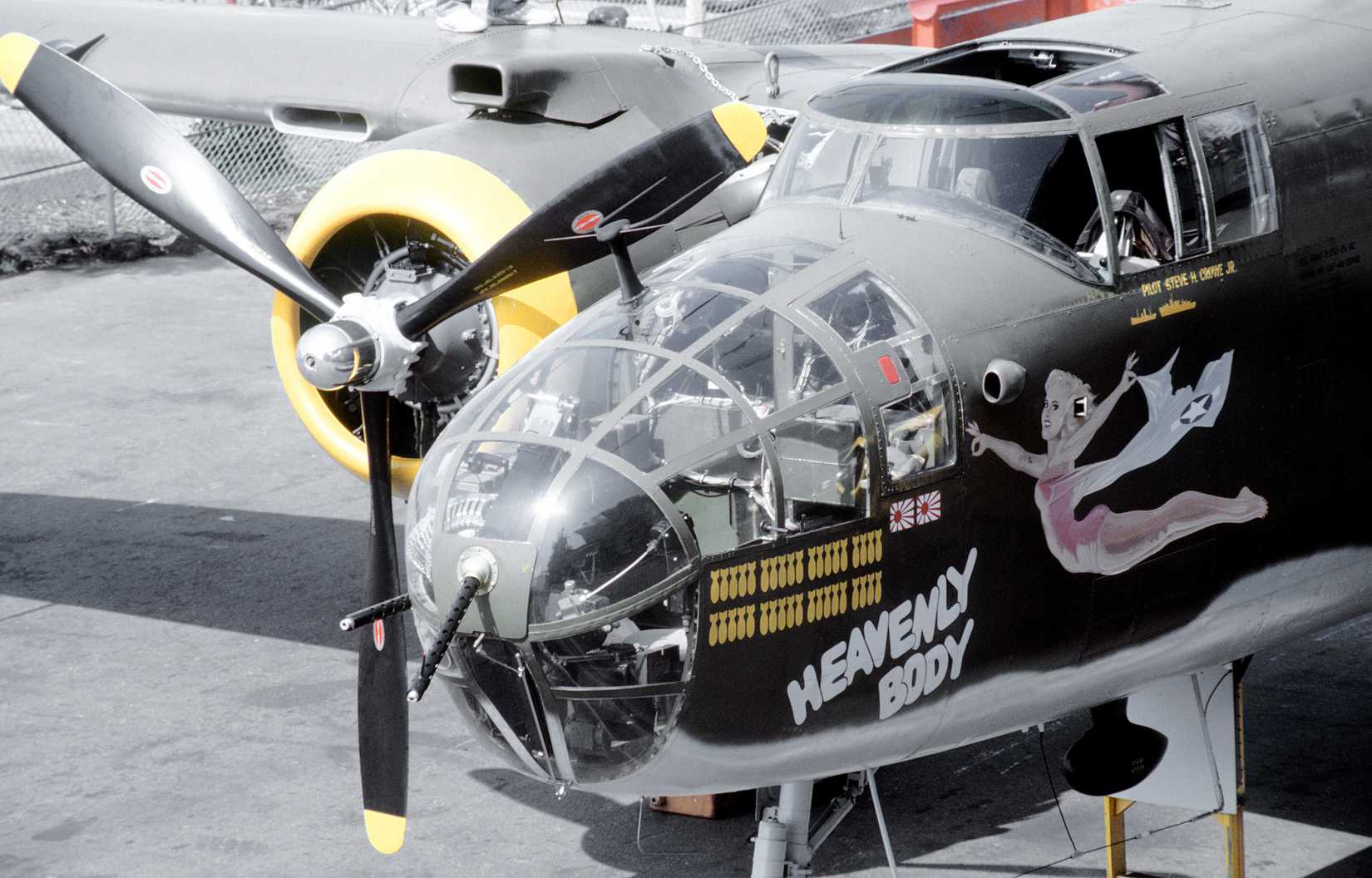 A close-up view of the nose of the restored World War II B-25 Mitchell bomber aircraft, Heavenly Body.