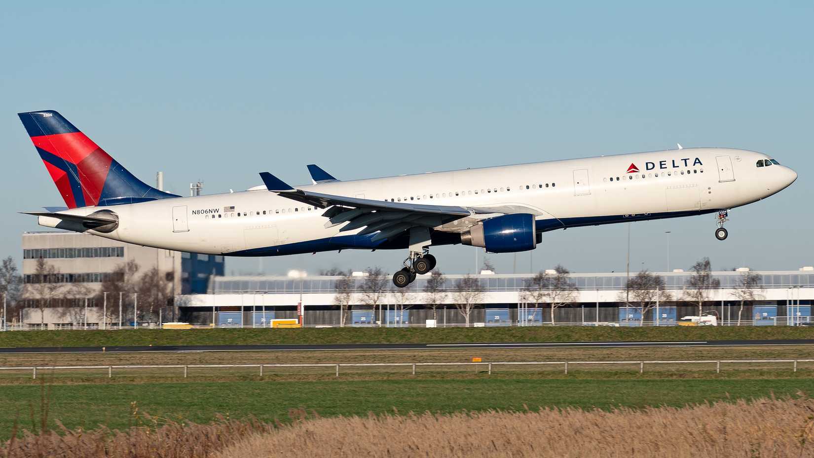 A Delta Airlines Airbus A330-300 aircraft landing at Schipol Airport.