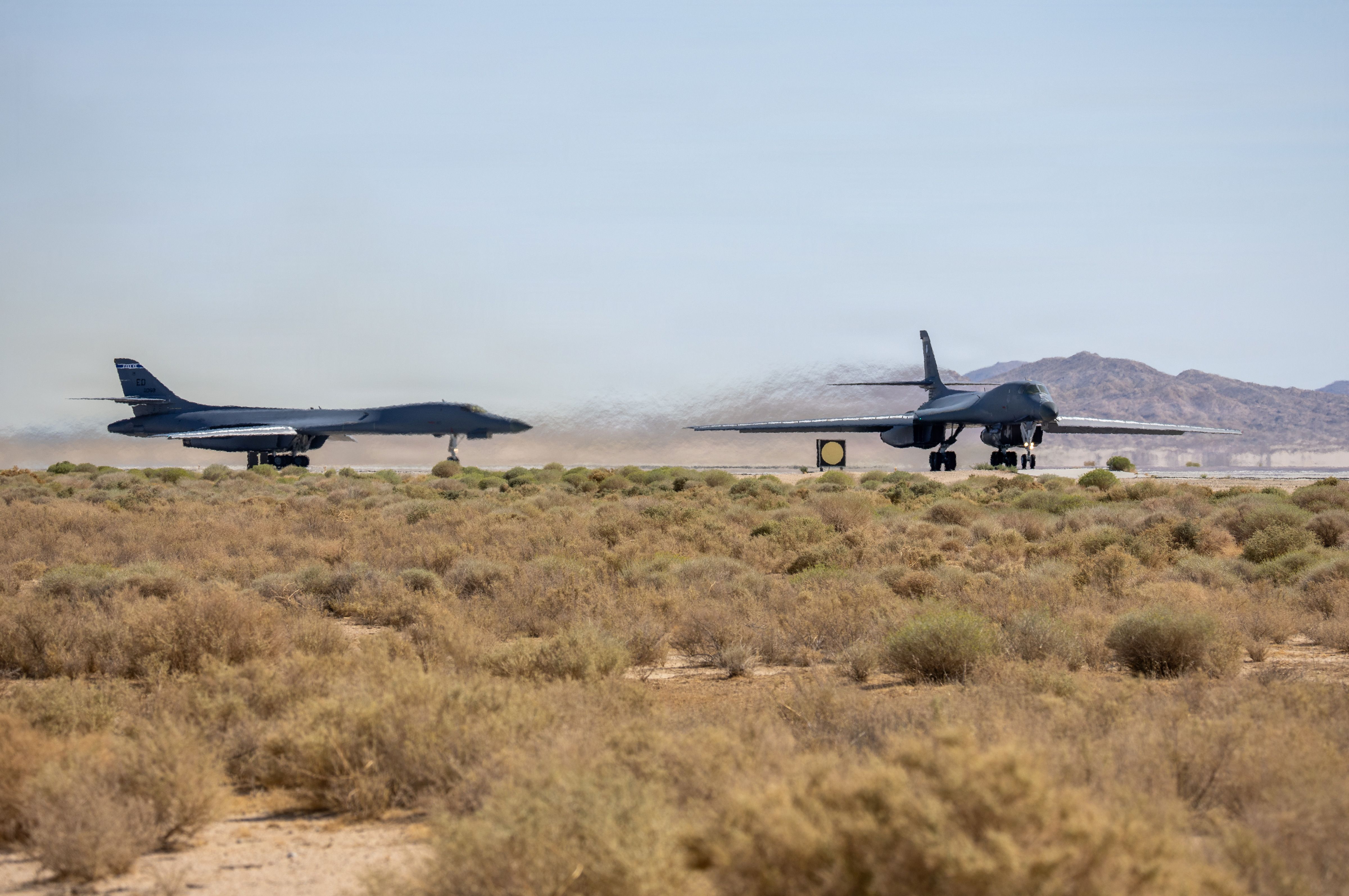 Two U.S. Air Force B-1B Lancers departing for a test mission.