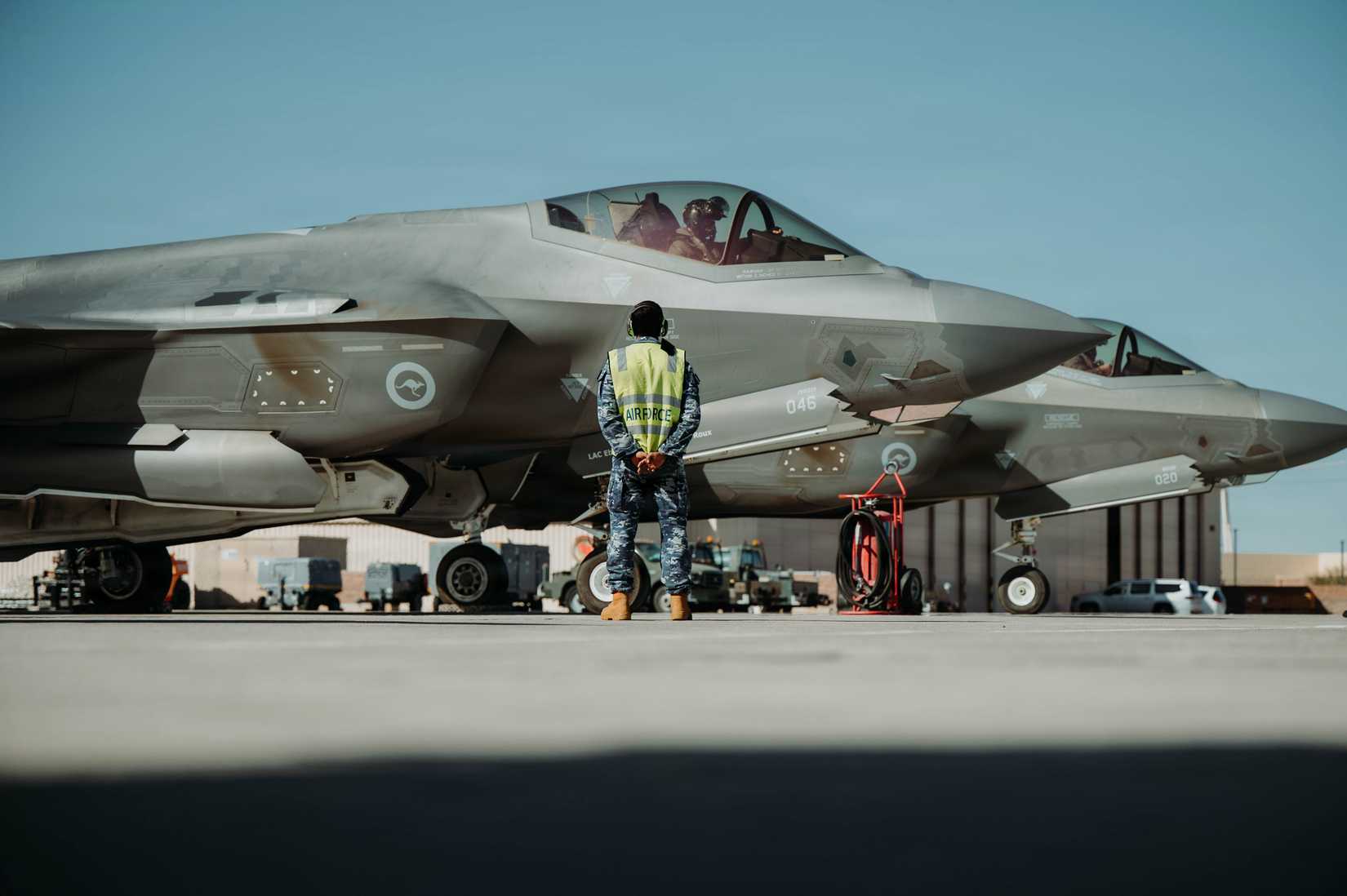 A Royal Australian Air Force member launches a F-35A Lightning II during ADVON week in support of Red Flag-Nellis 26-1.