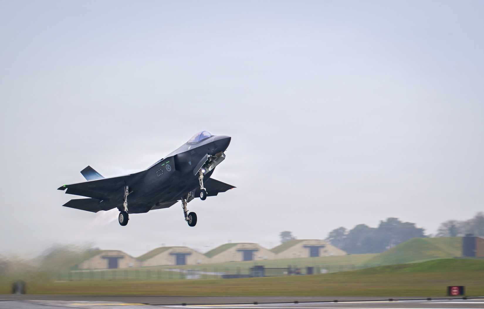 A Royal Norwegian Air Force F-35 Lightning II aircraft takes off after participating in Exercise Point Blank at RAF Lakenheath.