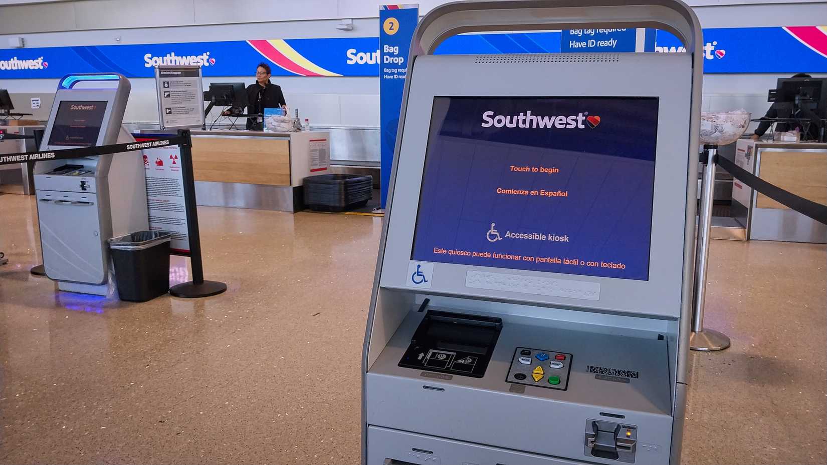 A Southwest Airlines ticket kiosk inside Louis Armstrong Airport.