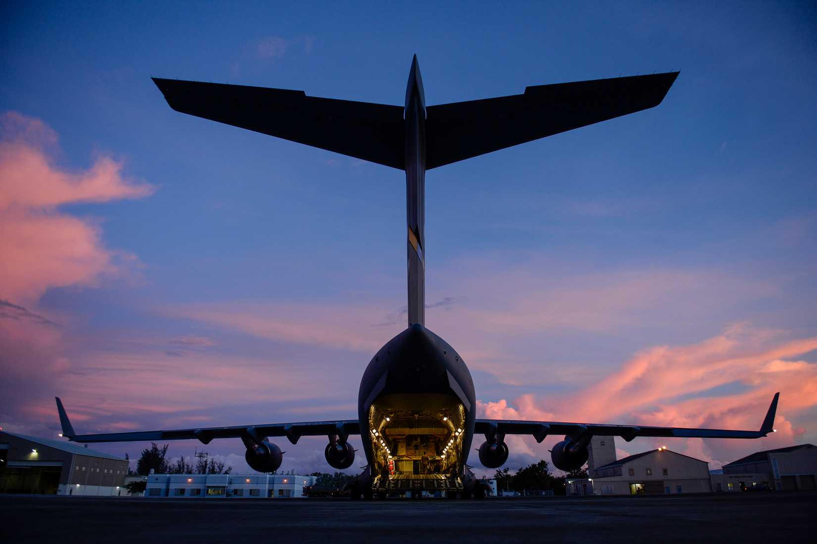 C-17 Globemaster III aircraft assigned to Joint Base Charleston, S.C. waits for fuel after delivering relief supplies at Muñiz Air National Guard Base, Puerto Rico