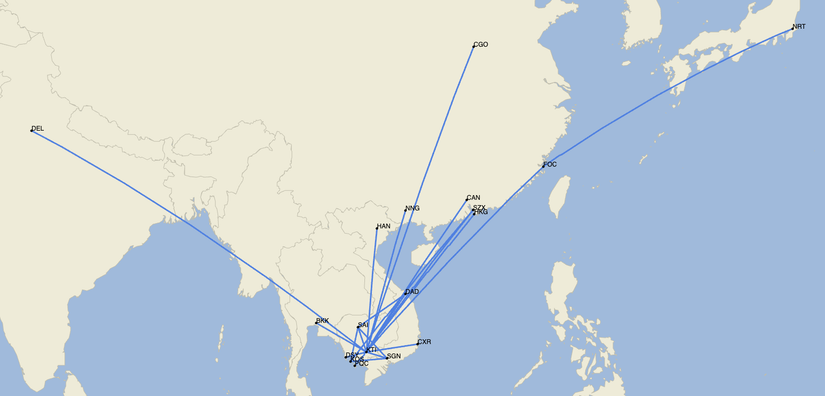  A digital route map of East and Southeast Asia for February 2026, showing flight paths for Air Cambodia originating from several hubs in Cambodia. Numerous blue lines radiate from central points in Cambodia to international destinations including Delhi (DEL) to the west; Tokyo (NRT) to the northeast; and various cities in China and Vietnam such as Zhengzhou (CGO), Guangzhou (CAN), and Ho Chi Minh City (SGN). Local domestic routes within Cambodia connect cities like Siem Reap (SAI), Phnom Penh (