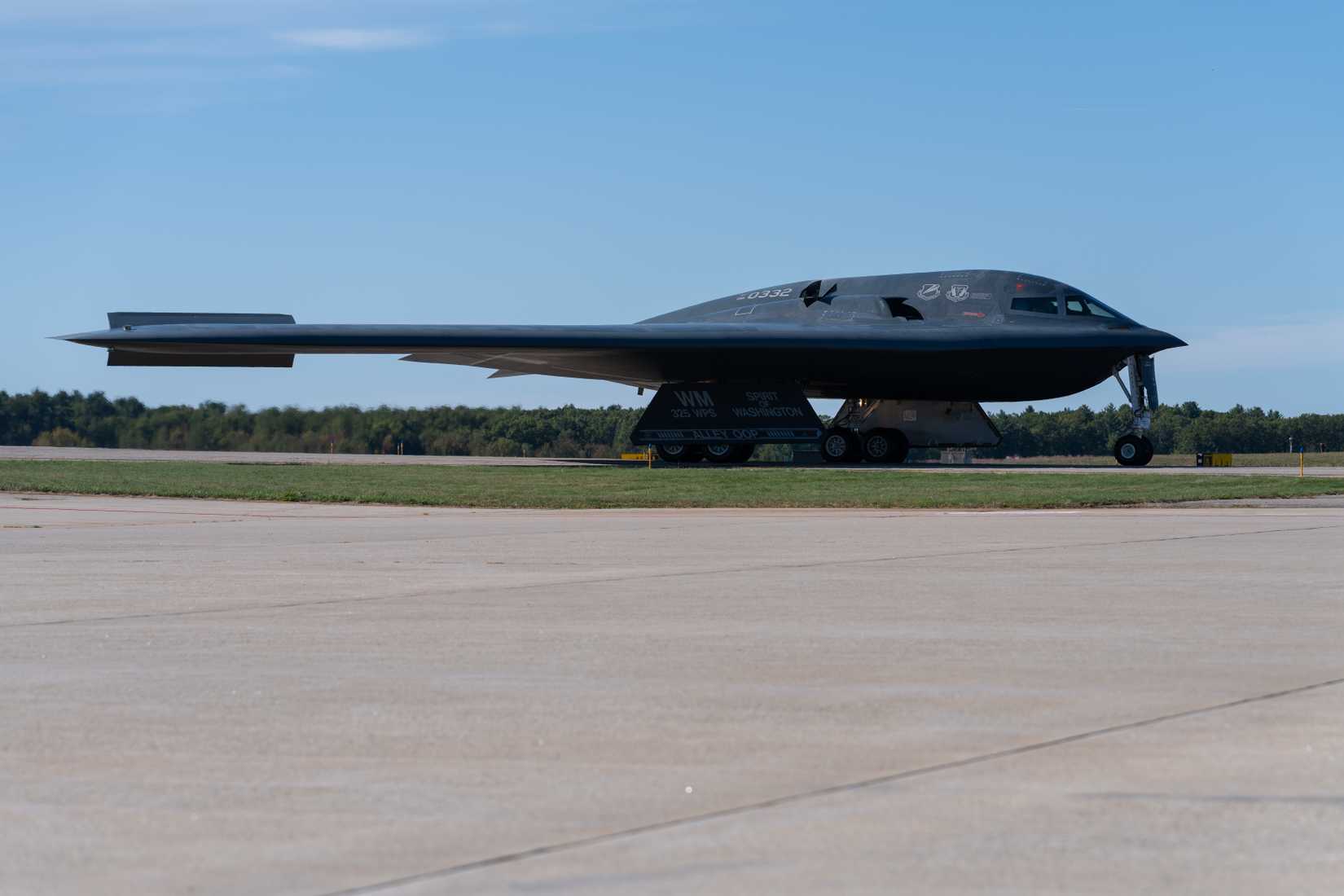 Air Force B-2 Spirit aircraft from Whiteman Air Force Base, Missouri taxis on the flight line.