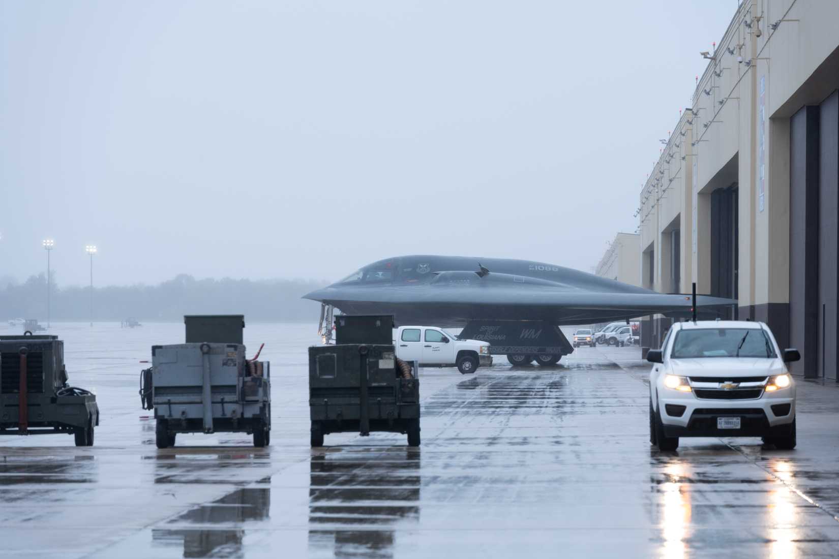 Air Force B-2 Spirit aircraft taxis on the runway during Exercise Global Thunder 26.
