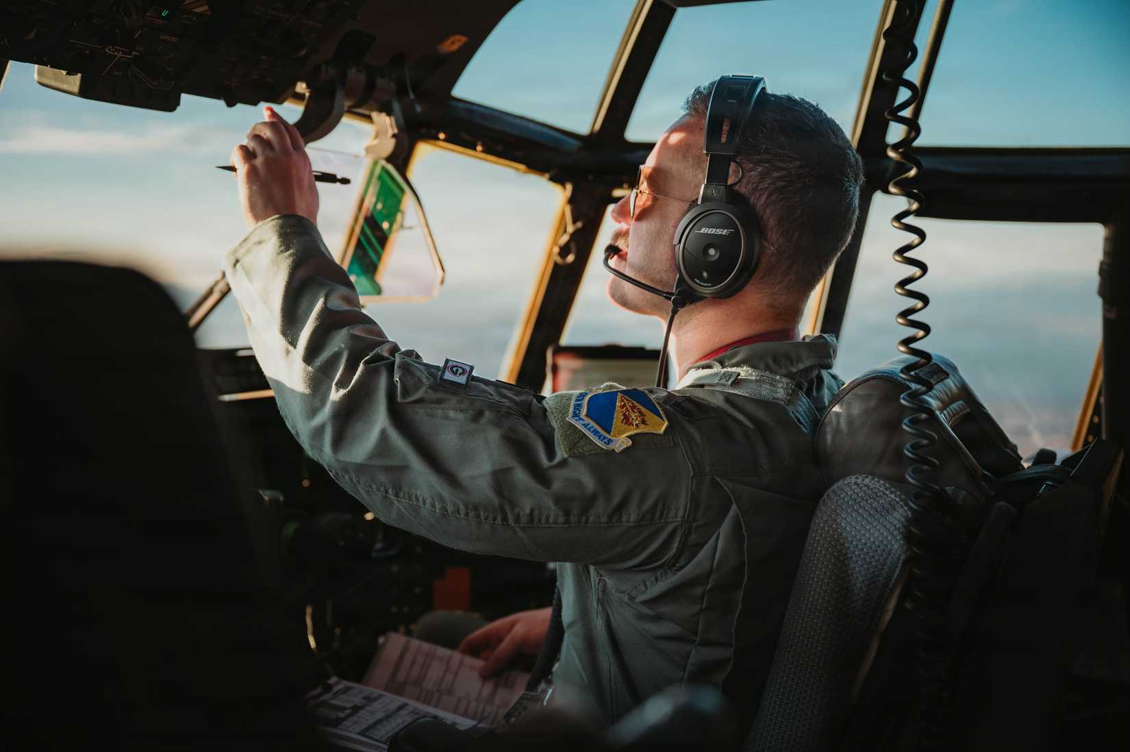 Air Force Capt. Gannon Murphy, a pilot assigned to the 79th Rescue Squadron, co-pilots an HC-130J Combat King II during Red Flag-Nellis 26-1.