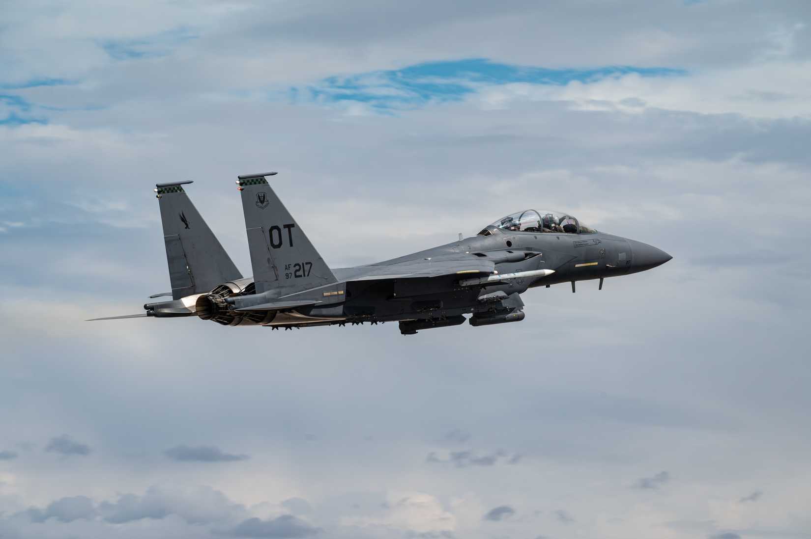 Air Force F-15E Strike Eagle assigned to the 422nd Test and Evaluation Squadron (TES), takes off for a mission at Nellis Air Force Base.